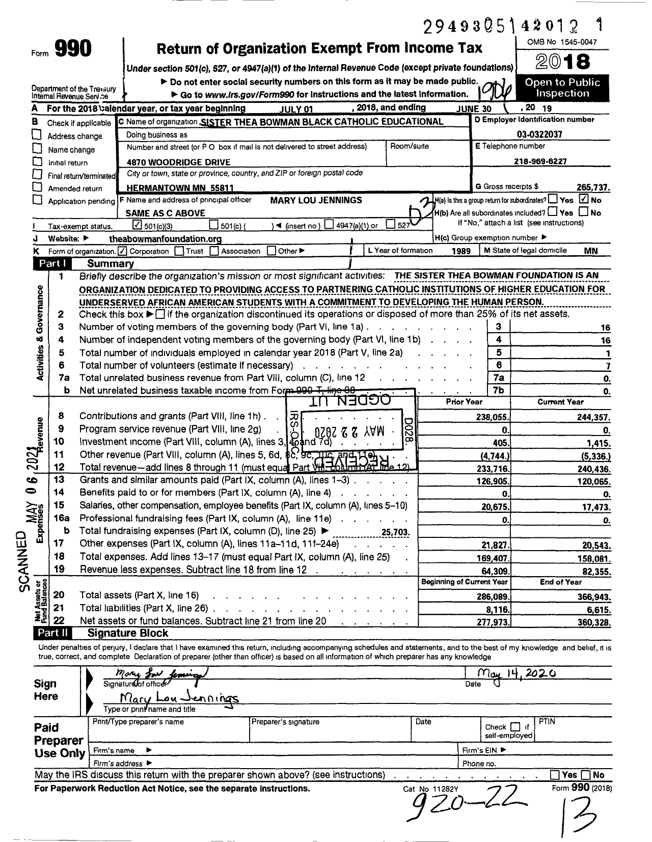 Image of first page of 2018 Form 990 for Sister Thea Bowman Black Catholic Educational Foundation