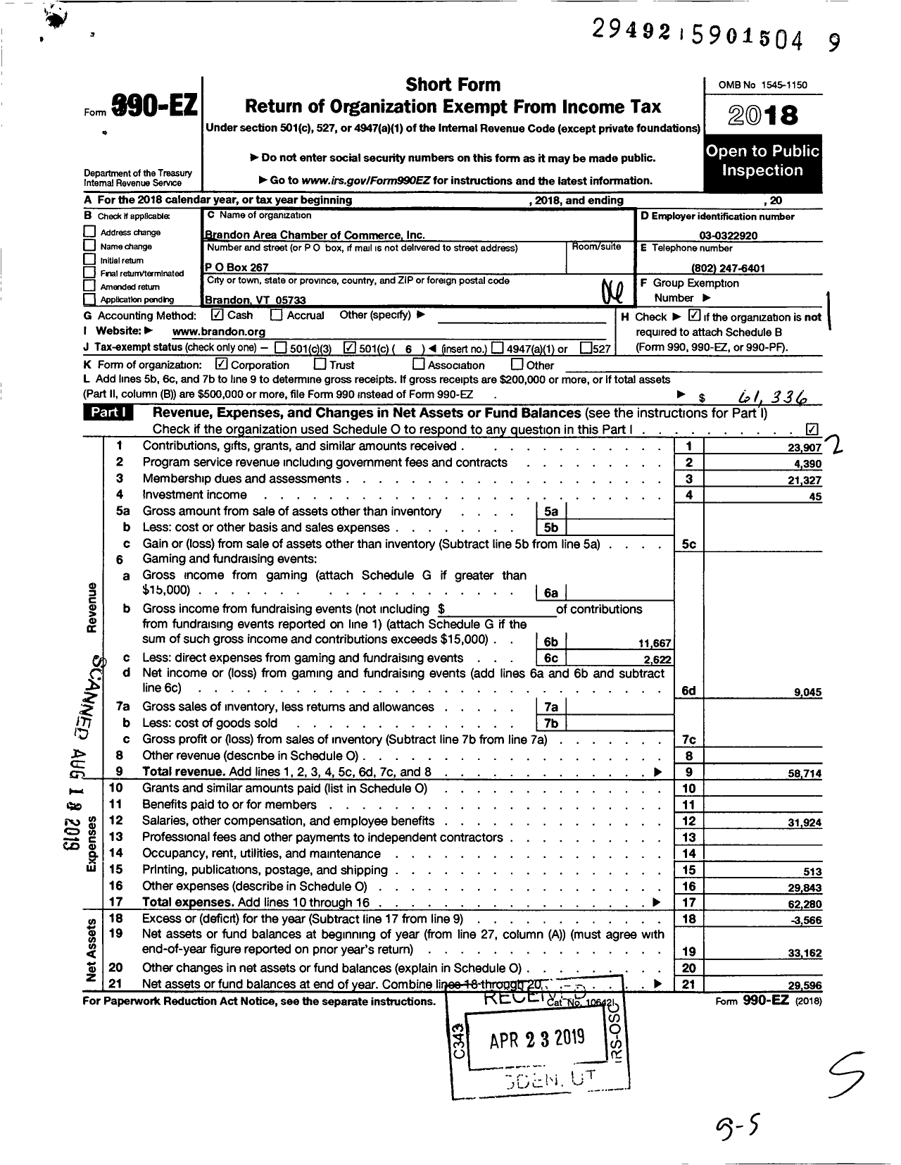 Image of first page of 2018 Form 990EO for Brandon Area Chamber of Commerce