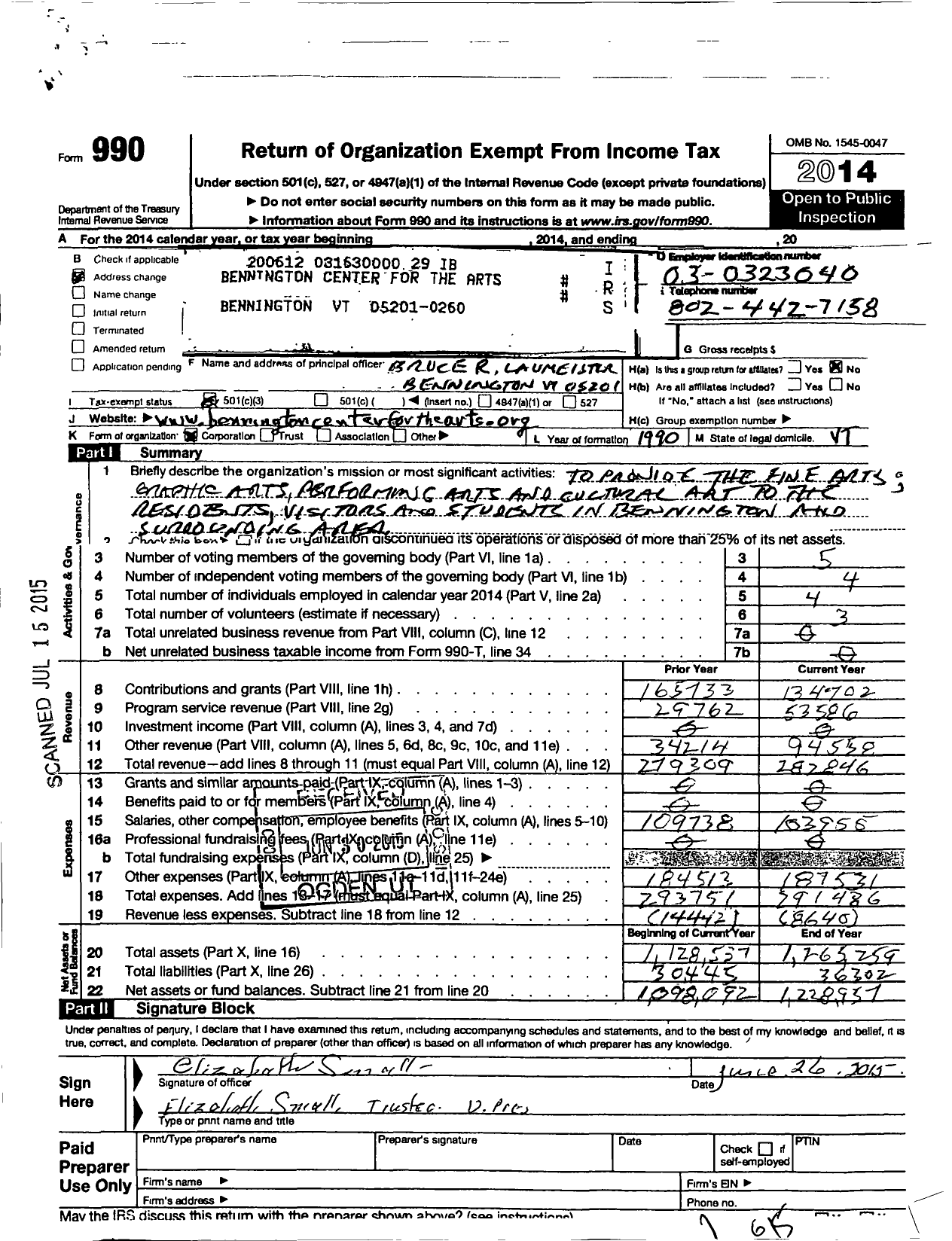 Image of first page of 2014 Form 990 for Monument Arts and Cultural Center