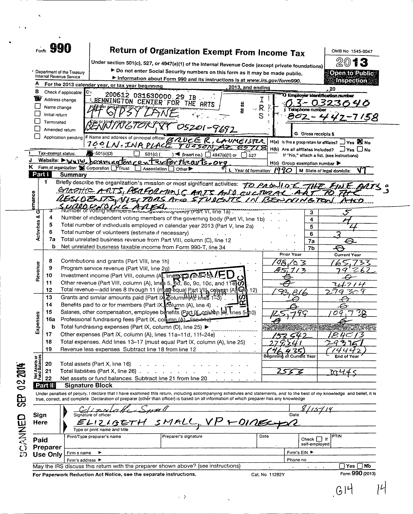 Image of first page of 2013 Form 990 for Monument Arts and Cultural Center