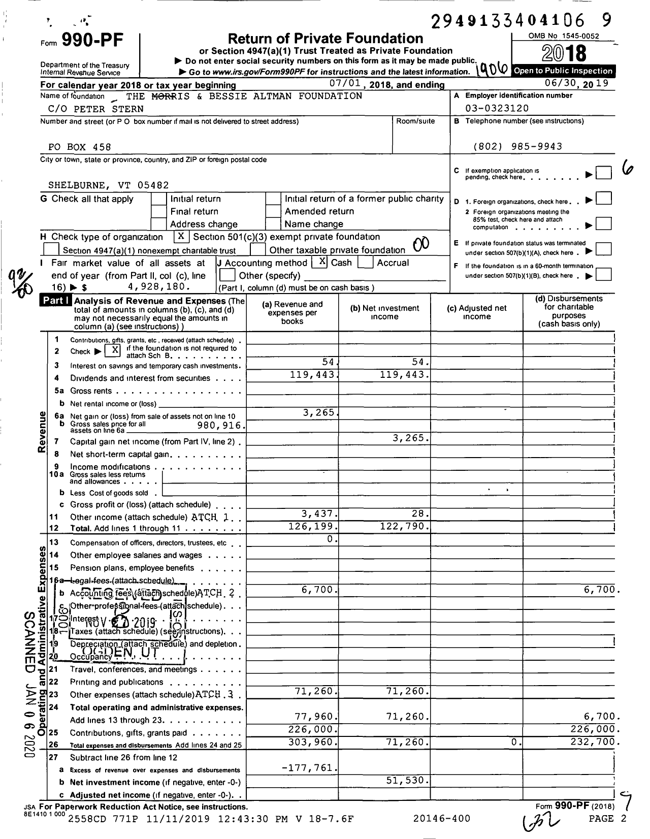 Image of first page of 2018 Form 990PF for The Morris & Bessie Altman Foundation