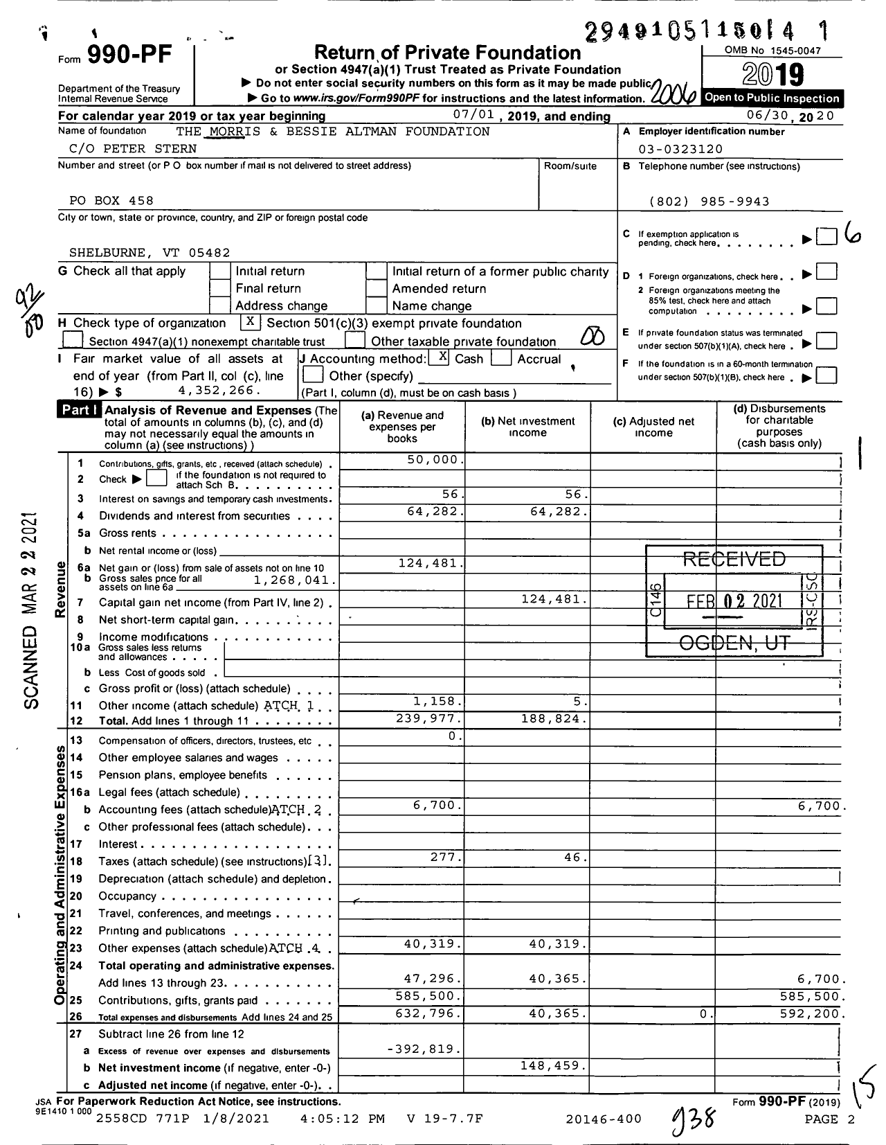 Image of first page of 2019 Form 990PF for The Morris & Bessie Altman Foundation