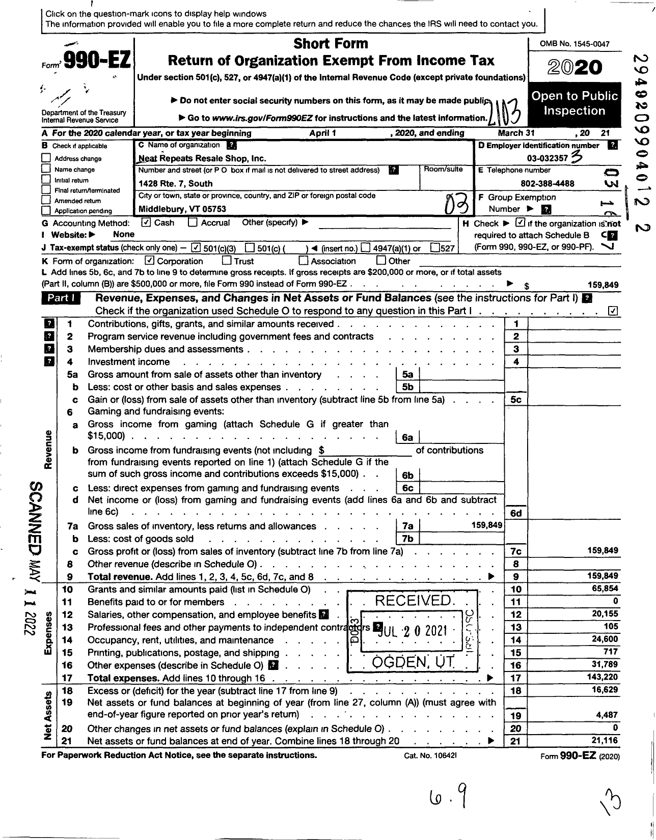 Image of first page of 2020 Form 990EZ for Neat Repeats Resale Shop