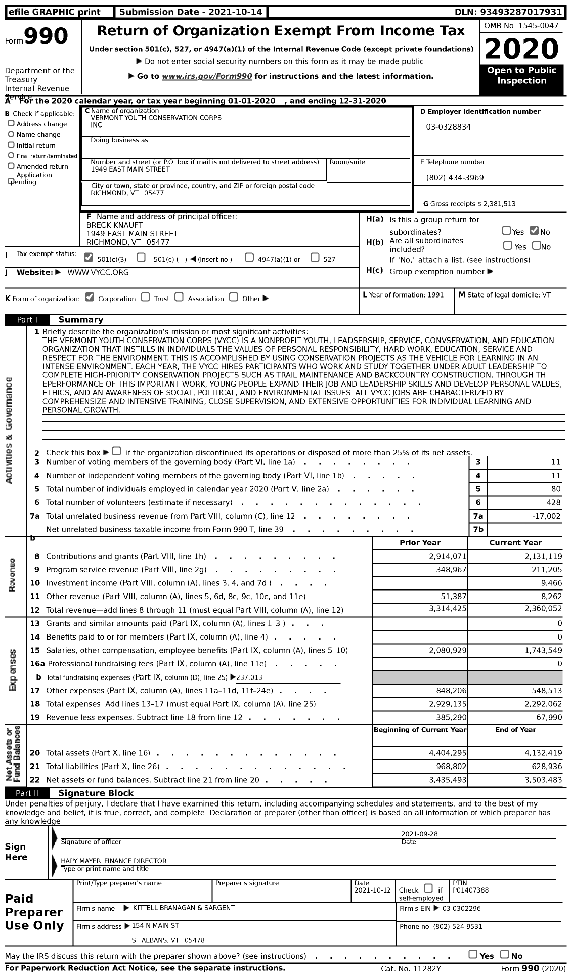 Image of first page of 2020 Form 990 for Vermont Youth Conservation Corps (VYCC)