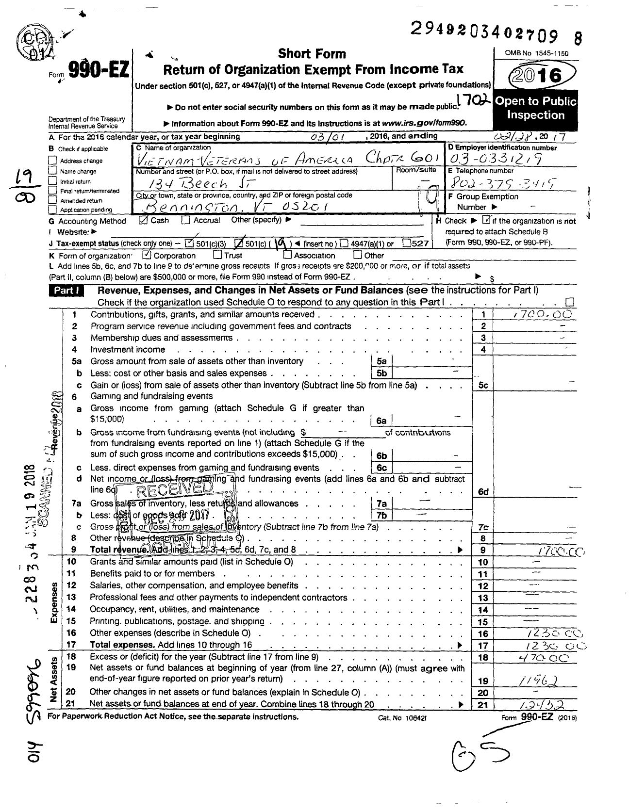 Image of first page of 2016 Form 990EO for Vietnam Veterans of America - 601 Bennington Chapter