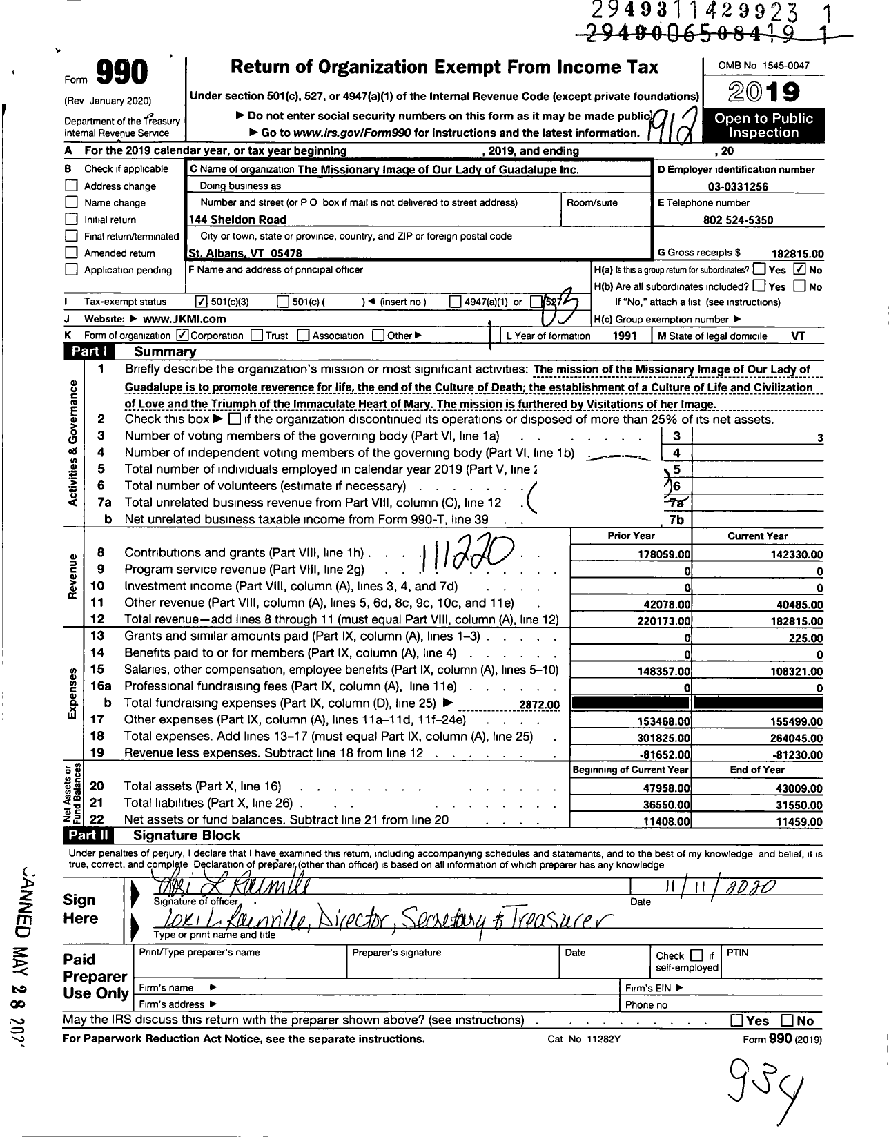 Image of first page of 2019 Form 990 for The Missionary Image of Our Lady of Guadalupe