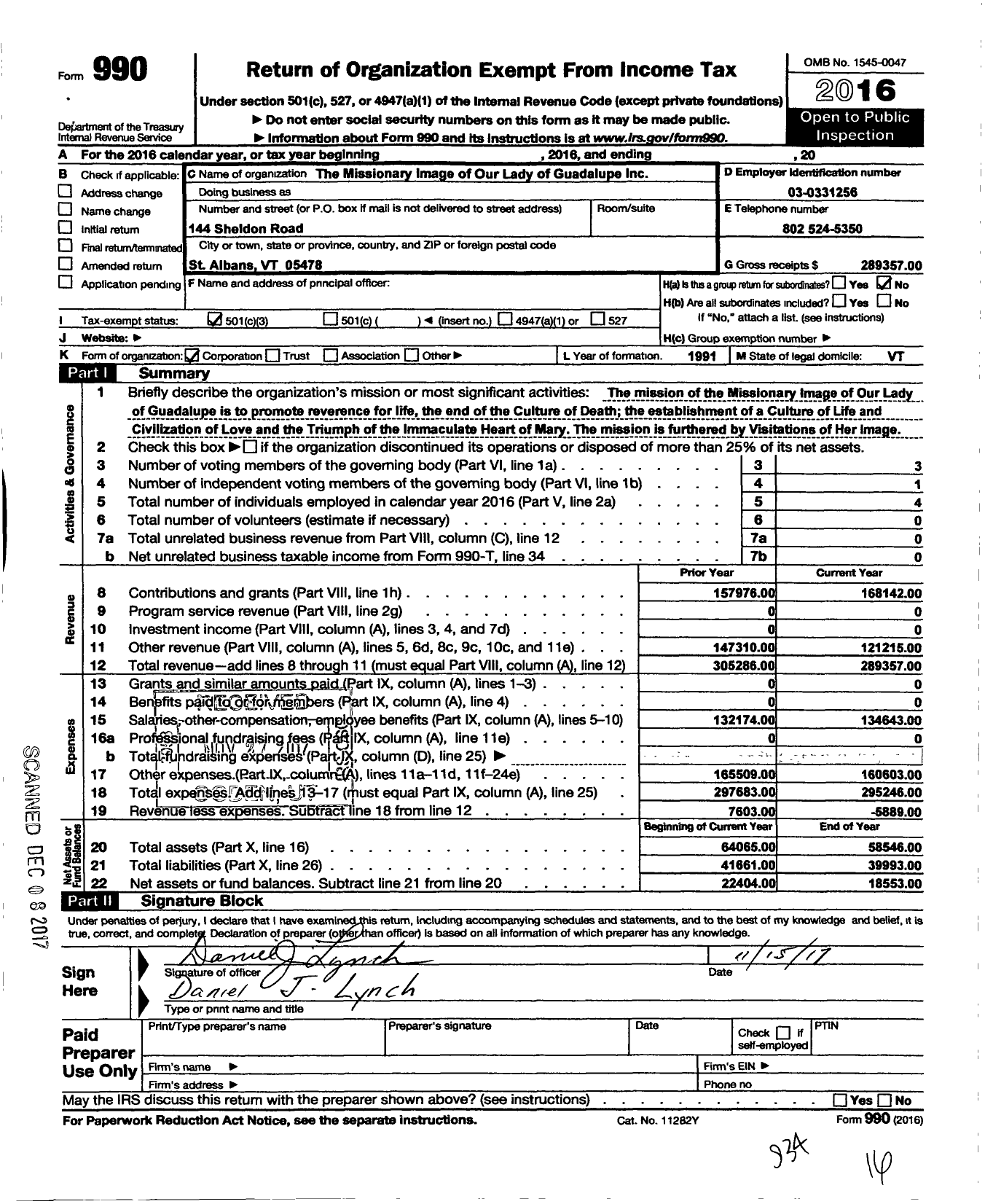 Image of first page of 2016 Form 990 for The Missionary Image of Our Lady of Guadalupe