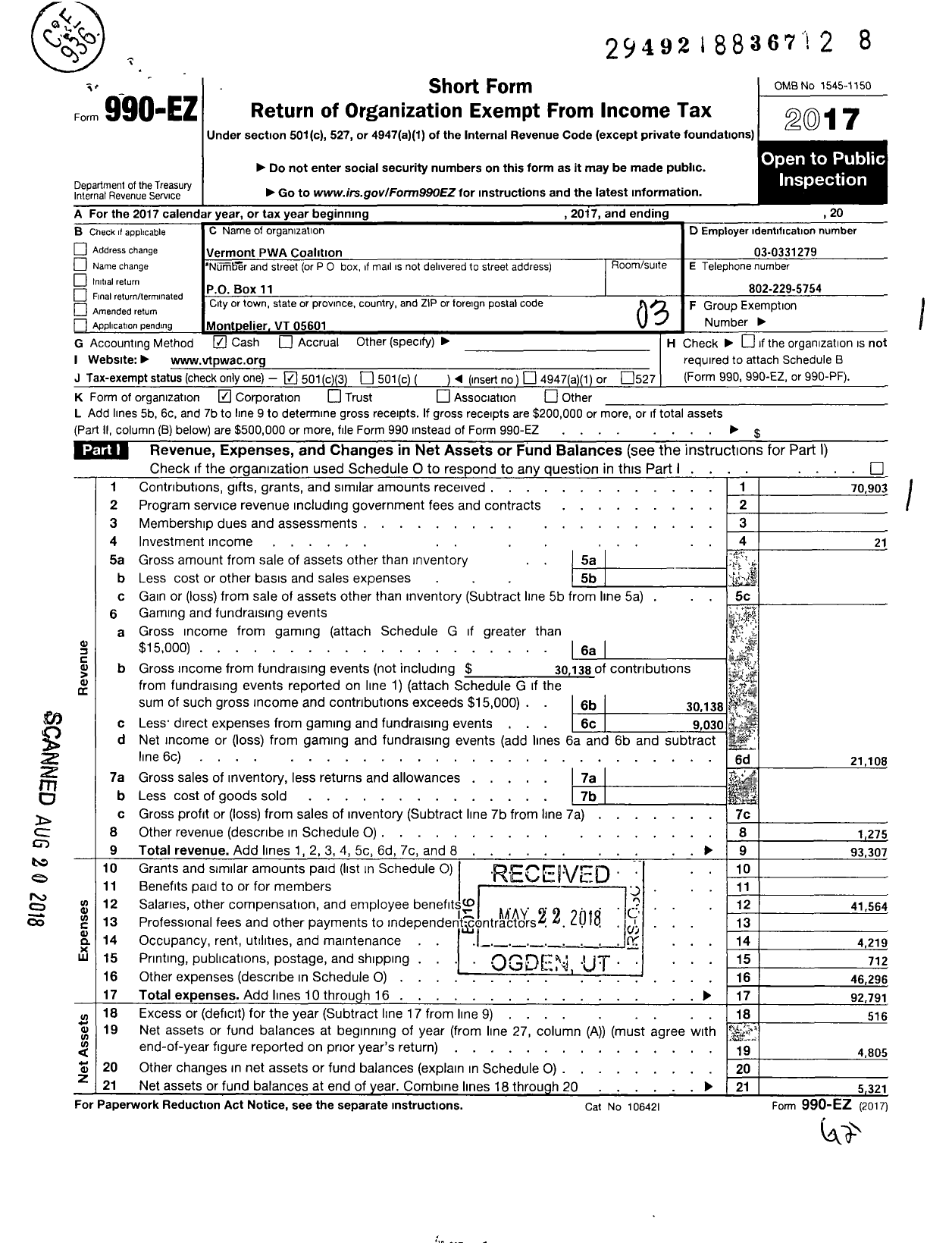 Image of first page of 2017 Form 990EZ for Vermont Positive Living Coalition