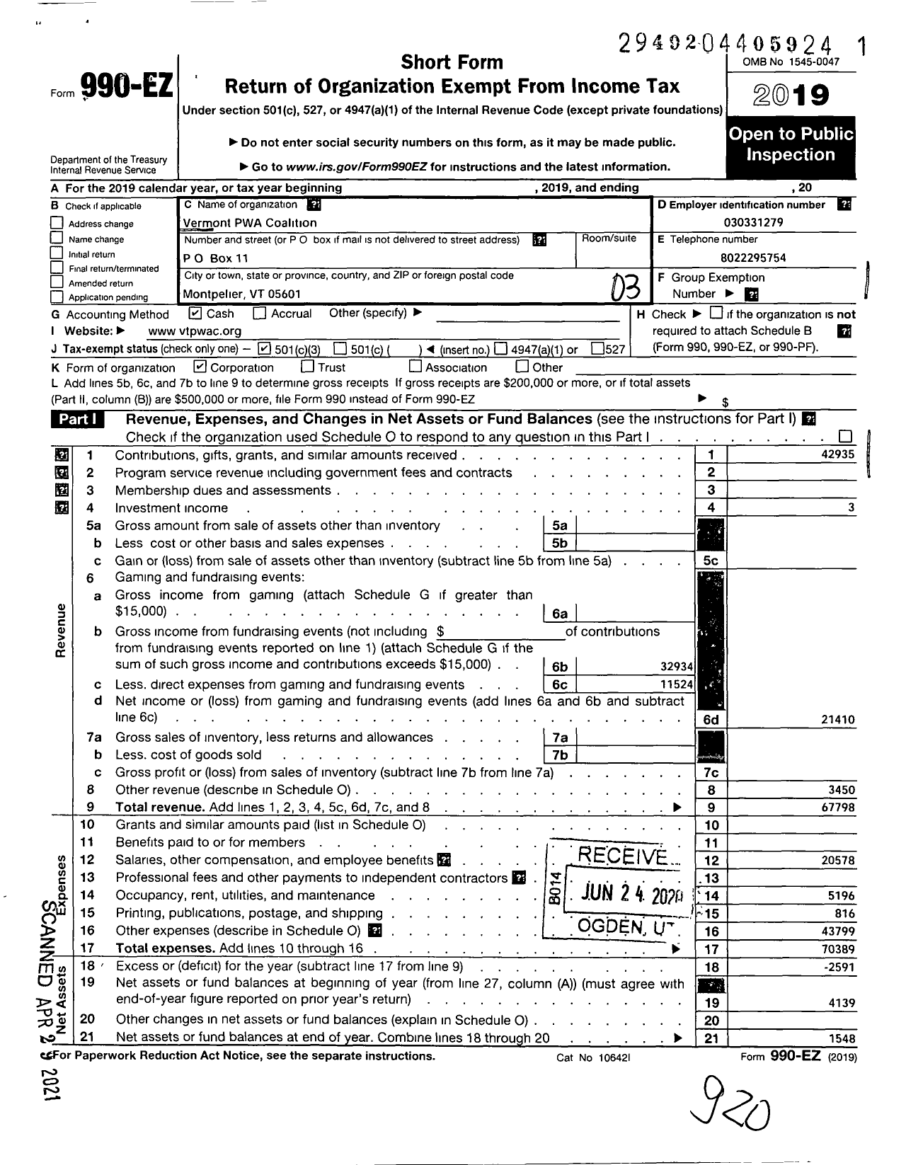 Image of first page of 2019 Form 990EZ for Vermont Positive Living Coalition