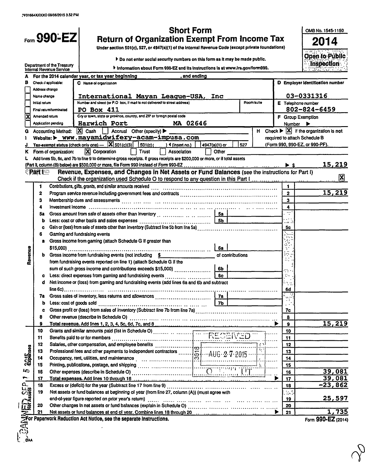 Image of first page of 2014 Form 990EZ for International Mayan League