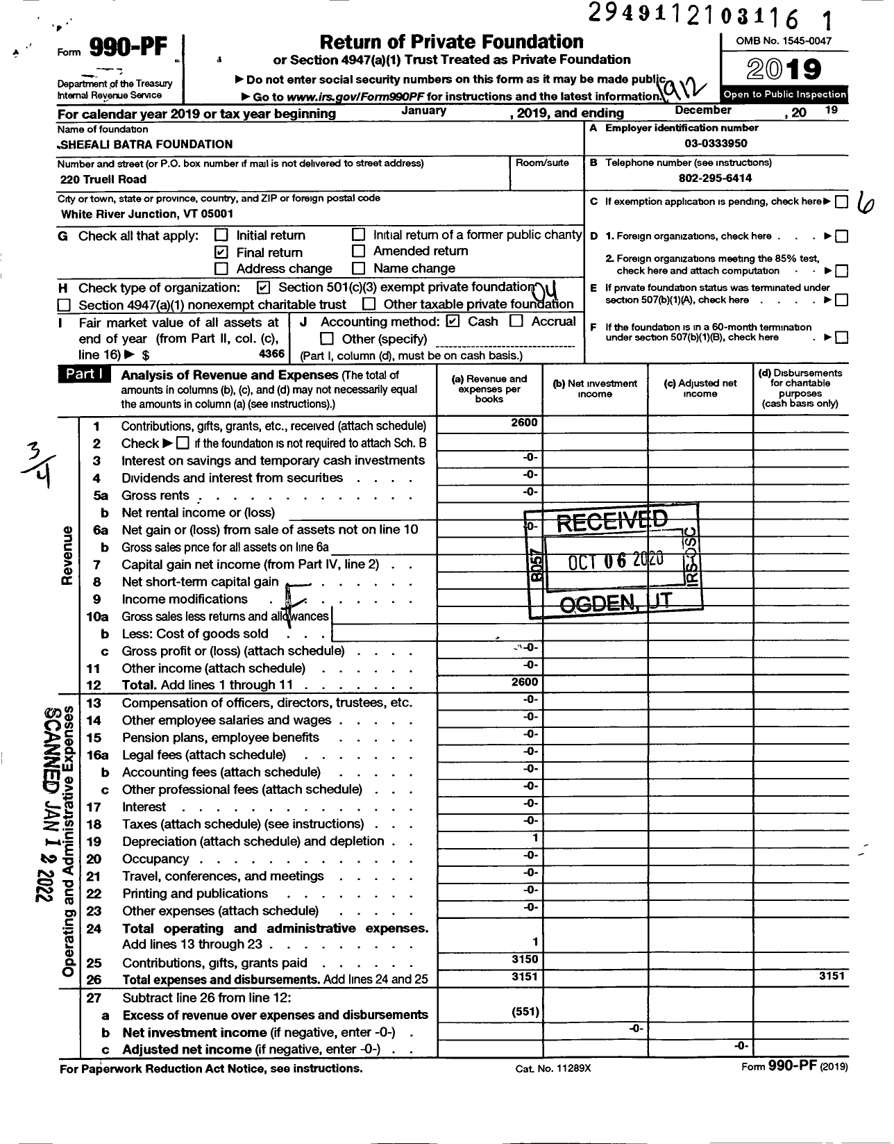 Image of first page of 2019 Form 990PF for Shefali Batra Foundation