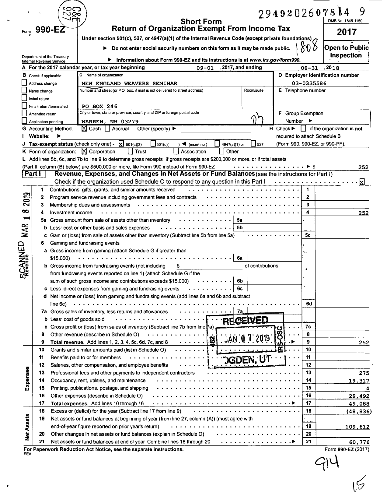 Image of first page of 2017 Form 990EZ for New England Weavers Seminar