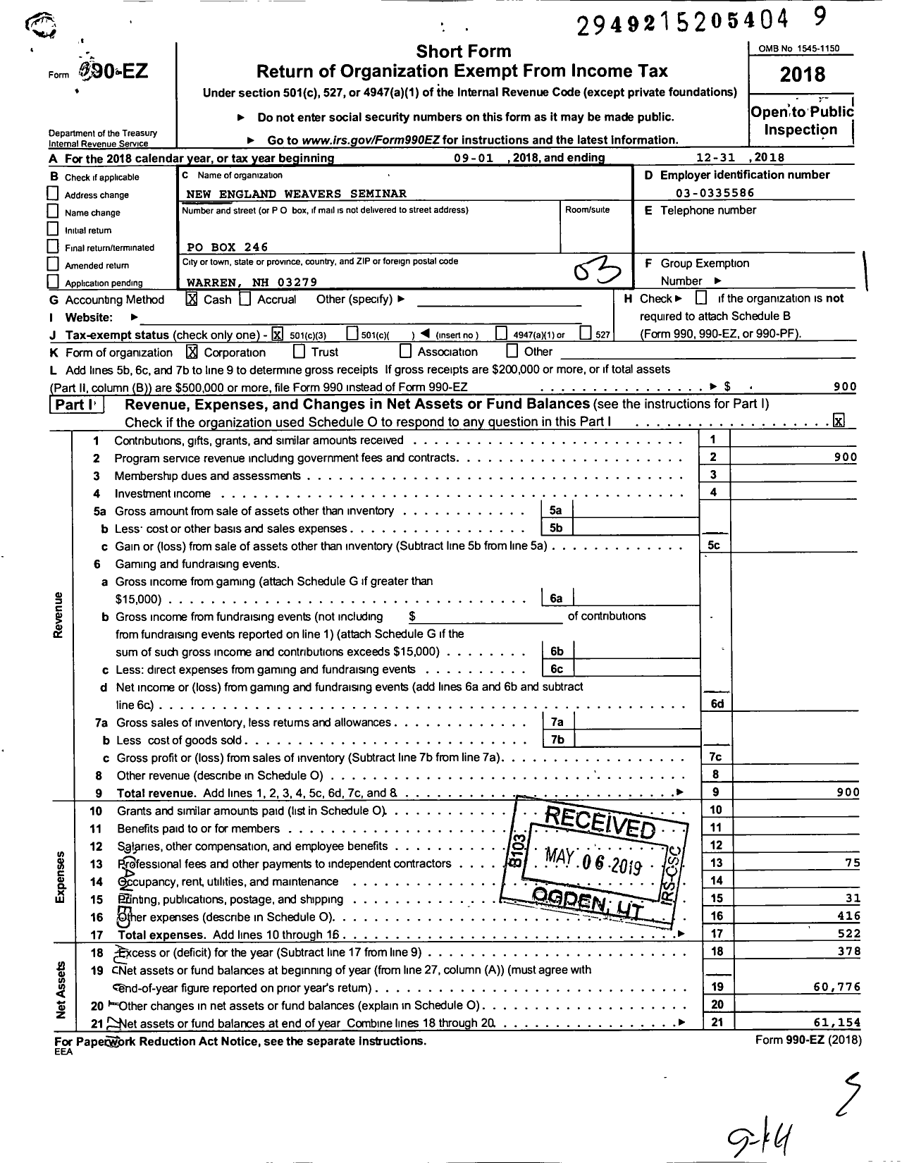 Image of first page of 2018 Form 990EZ for New England Weavers Seminar