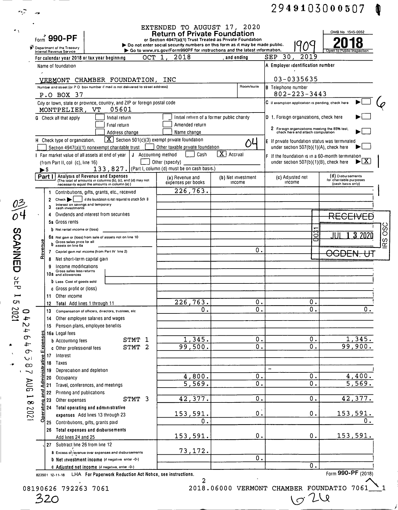 Image of first page of 2018 Form 990PF for Vermont Chamber Foundation