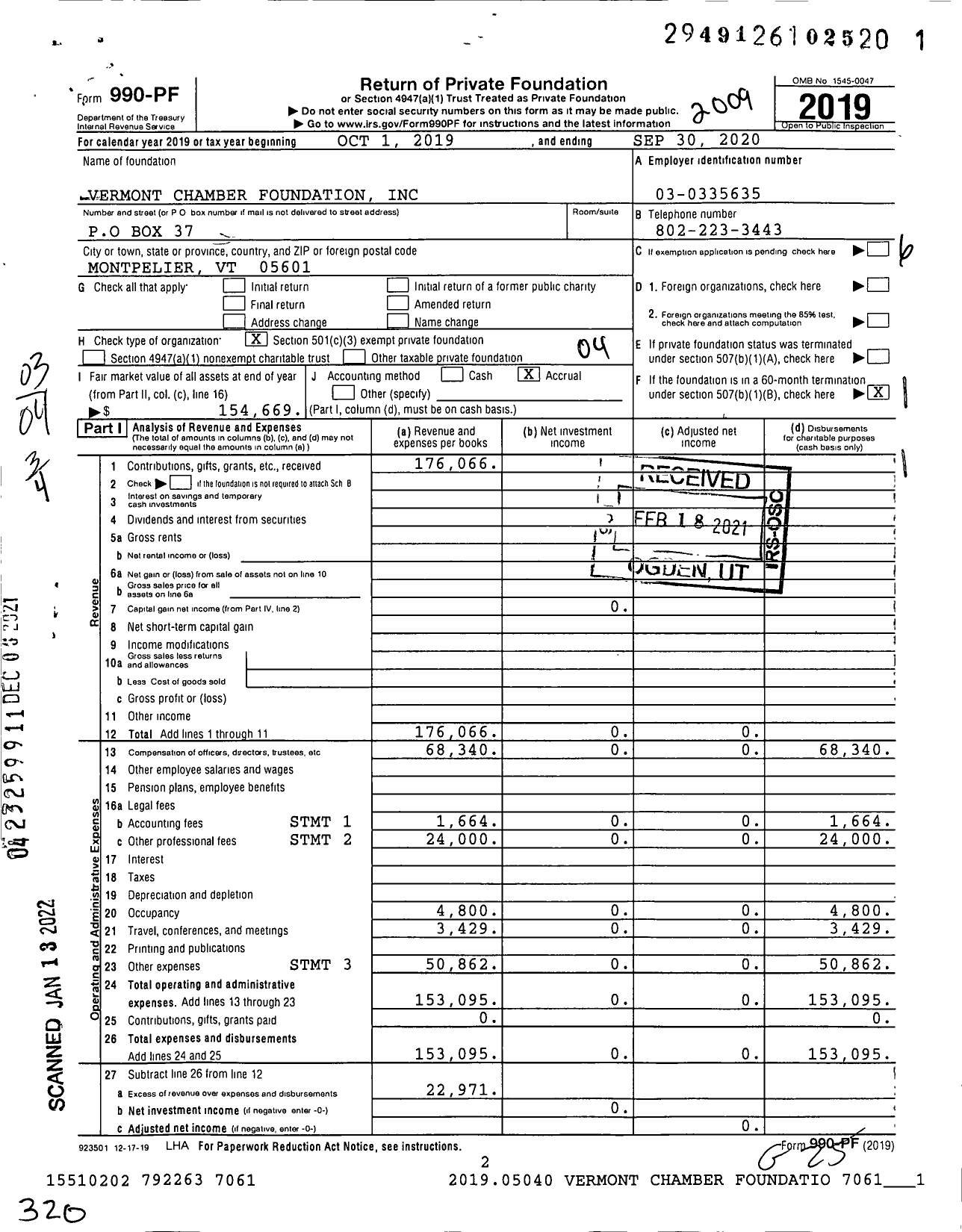 Image of first page of 2019 Form 990PF for Vermont Chamber Foundation