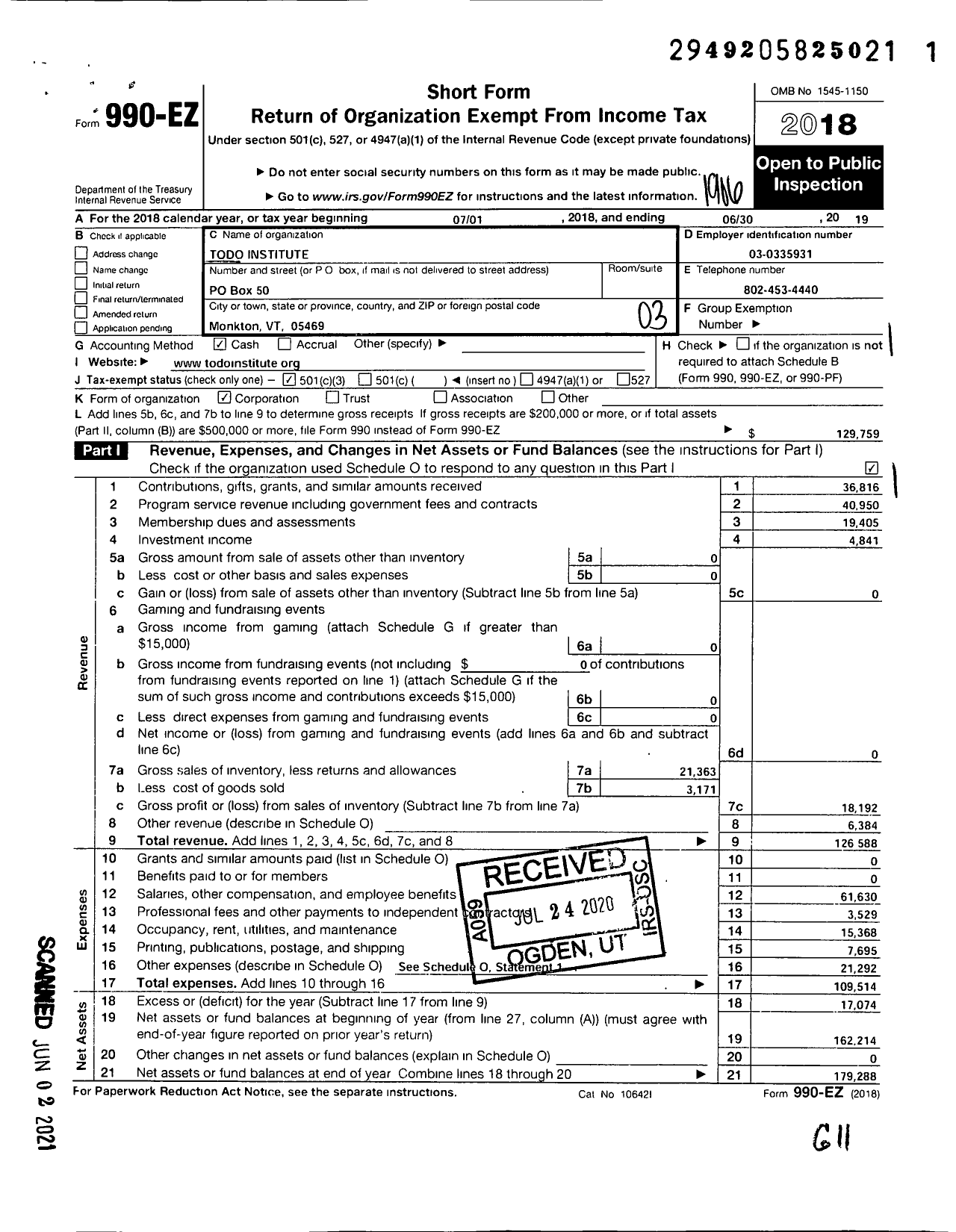 Image of first page of 2018 Form 990EZ for Todo Institute