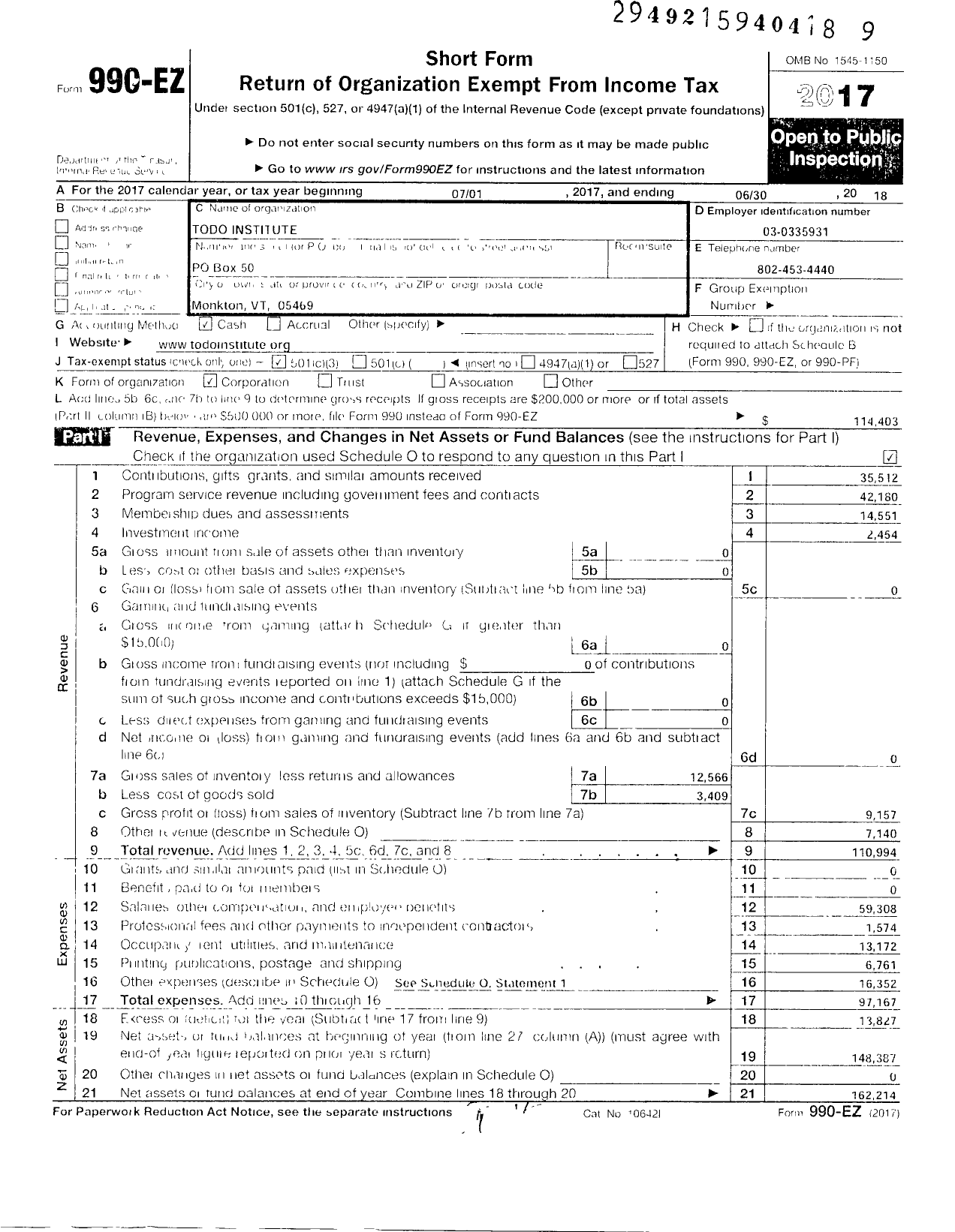 Image of first page of 2017 Form 990EZ for Todo Institute