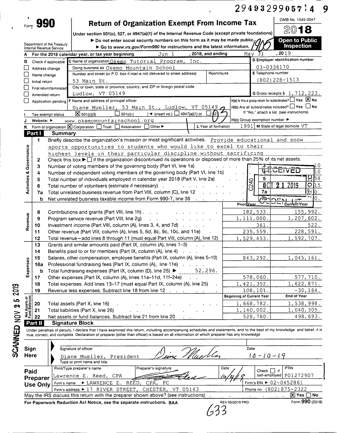 Image of first page of 2018 Form 990 for Okemo Mountain School