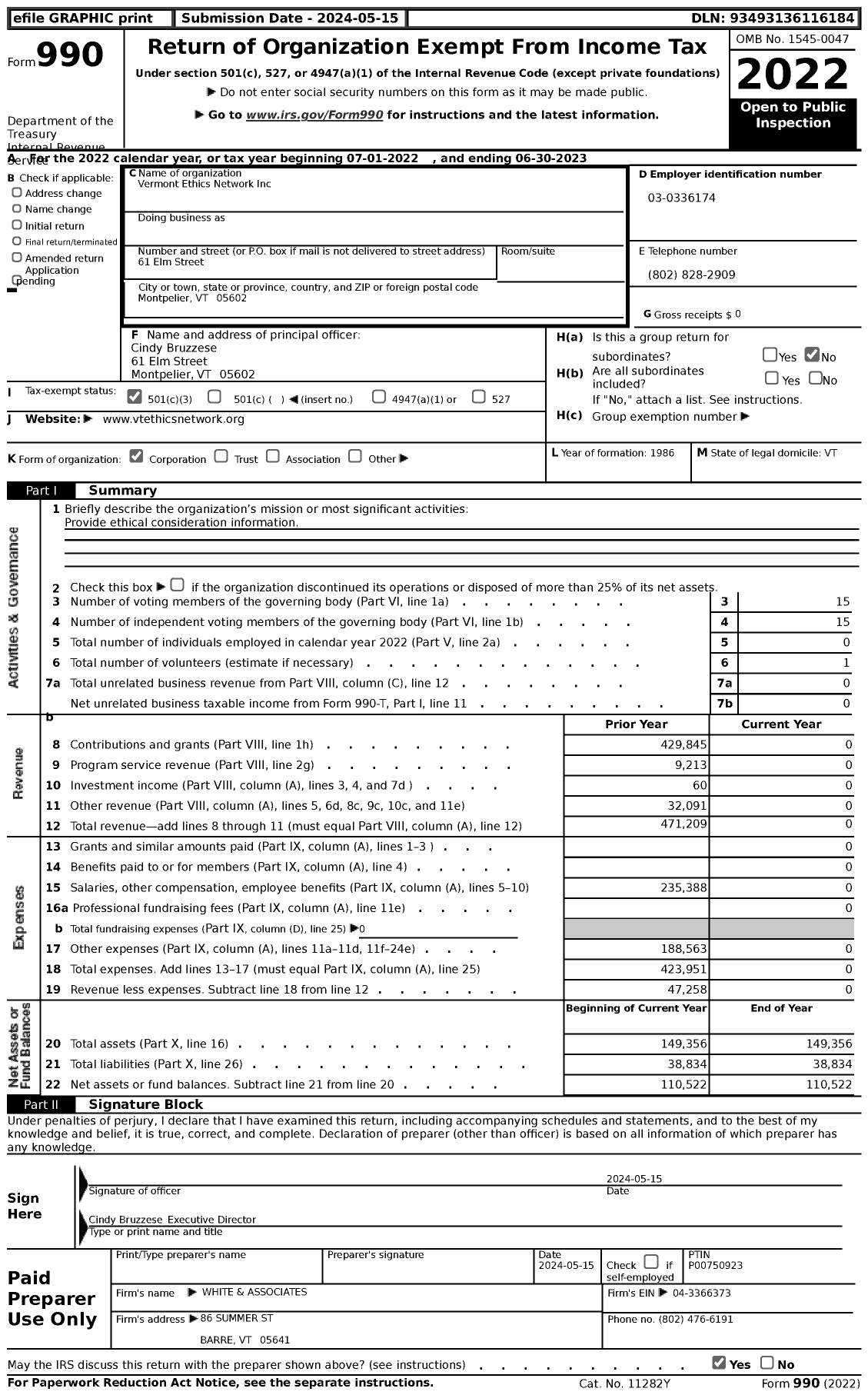 Image of first page of 2022 Form 990 for Vermont Ethics Network