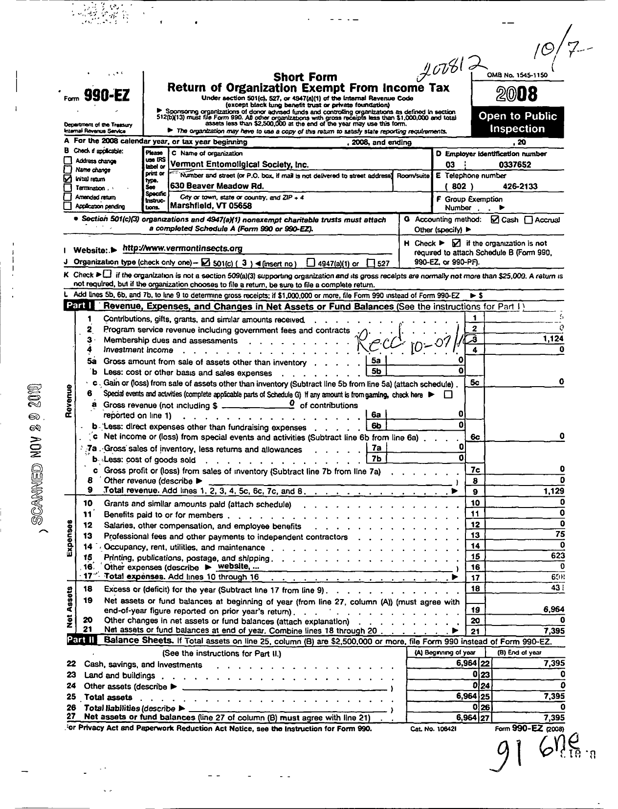 Image of first page of 2008 Form 990EZ for Vermont Entomological Society