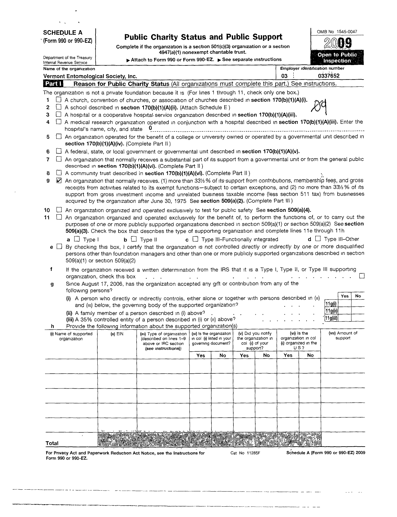 Image of first page of 2009 Form 990ER for Vermont Entomological Society