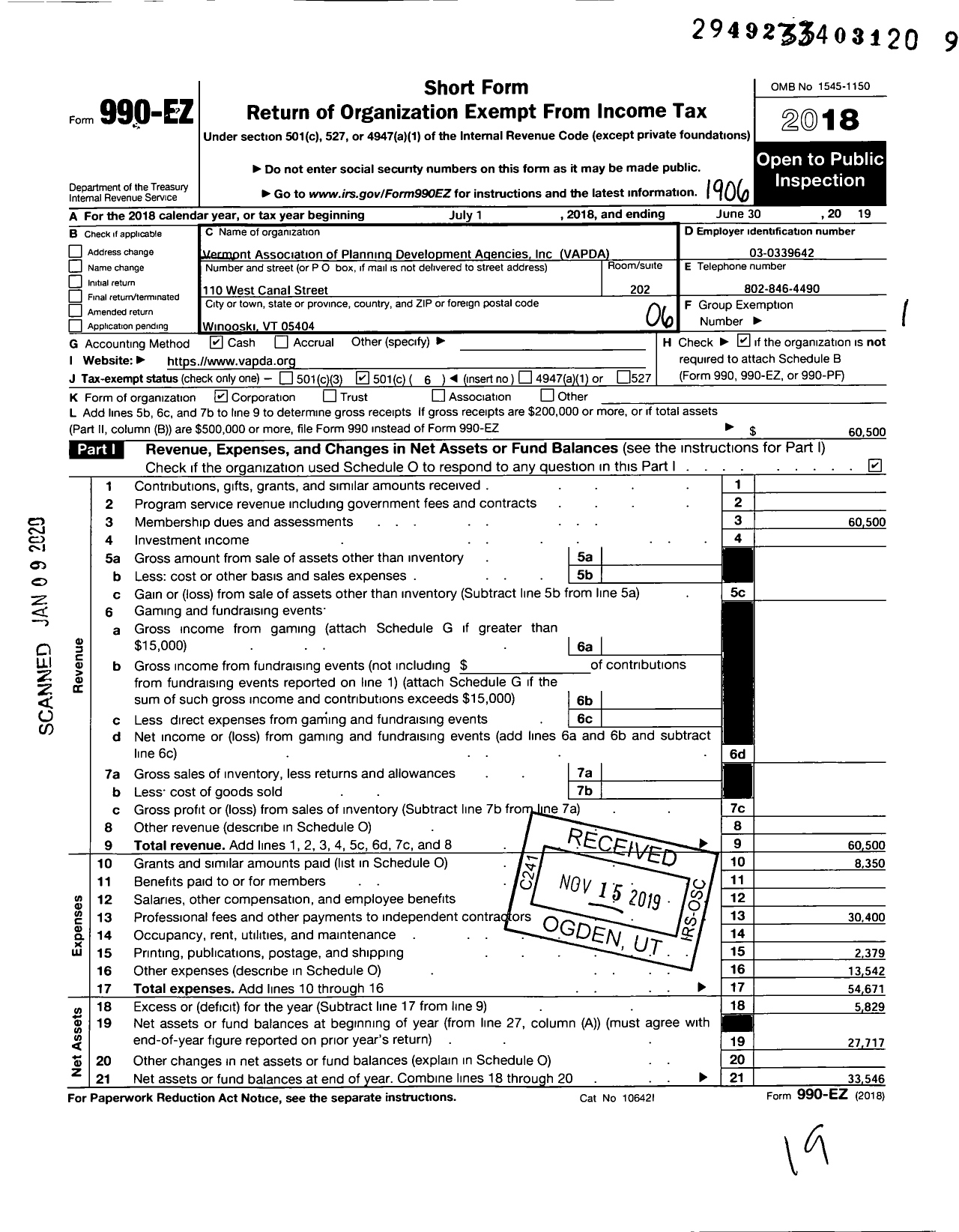 Image of first page of 2018 Form 990EO for Vermont Association of Planning and Development Agencies