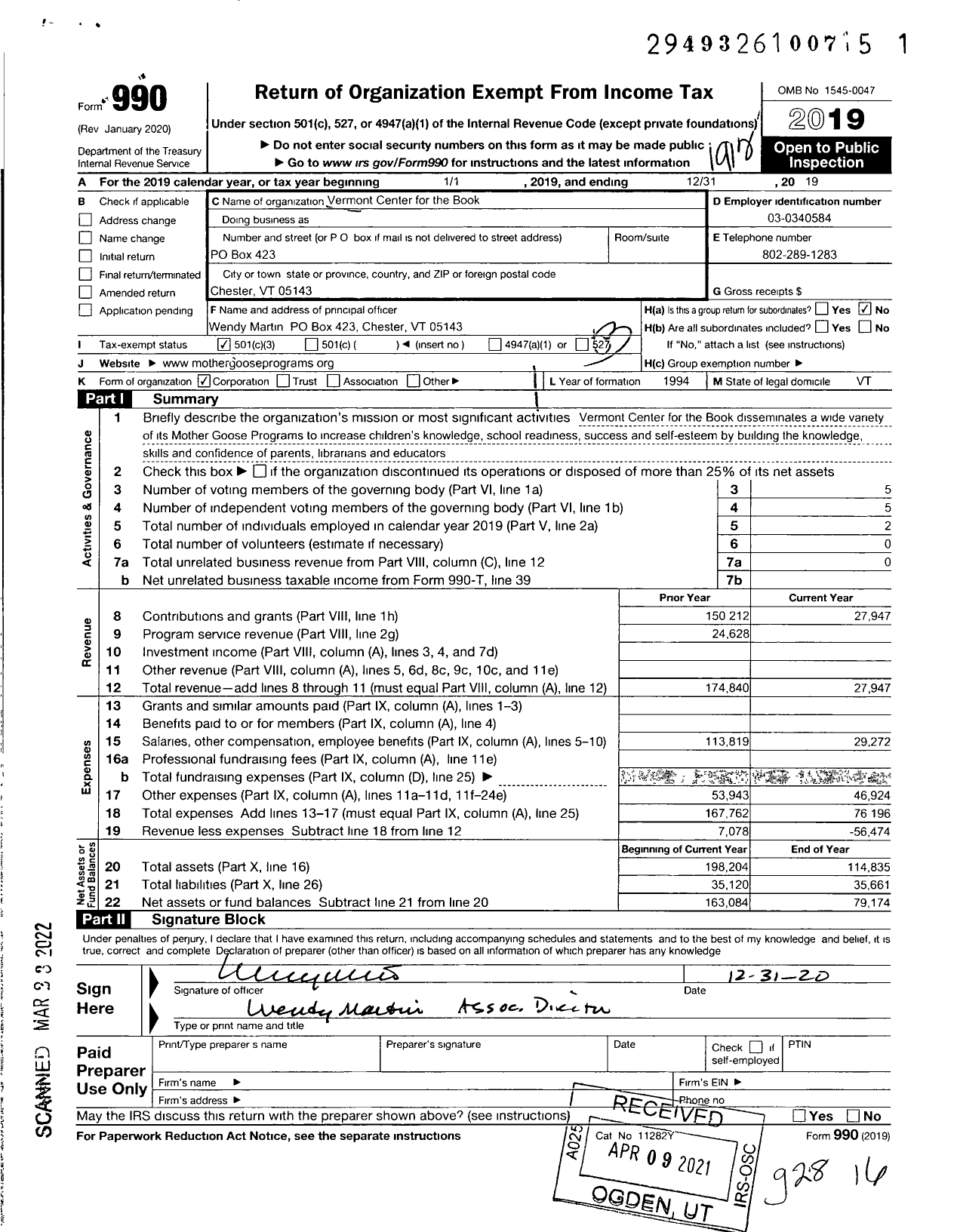 Image of first page of 2019 Form 990 for Vermont Center for the Book