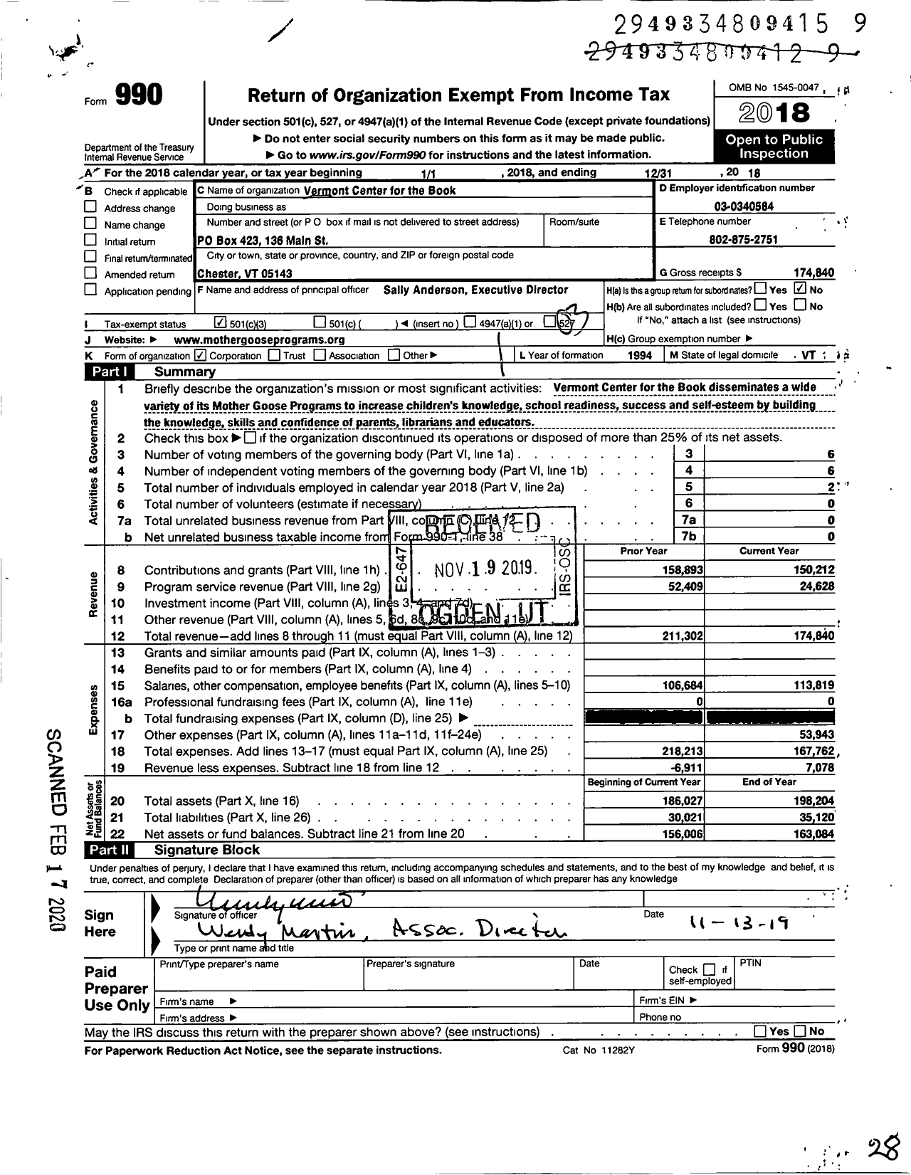 Image of first page of 2018 Form 990 for Vermont Center for the Book