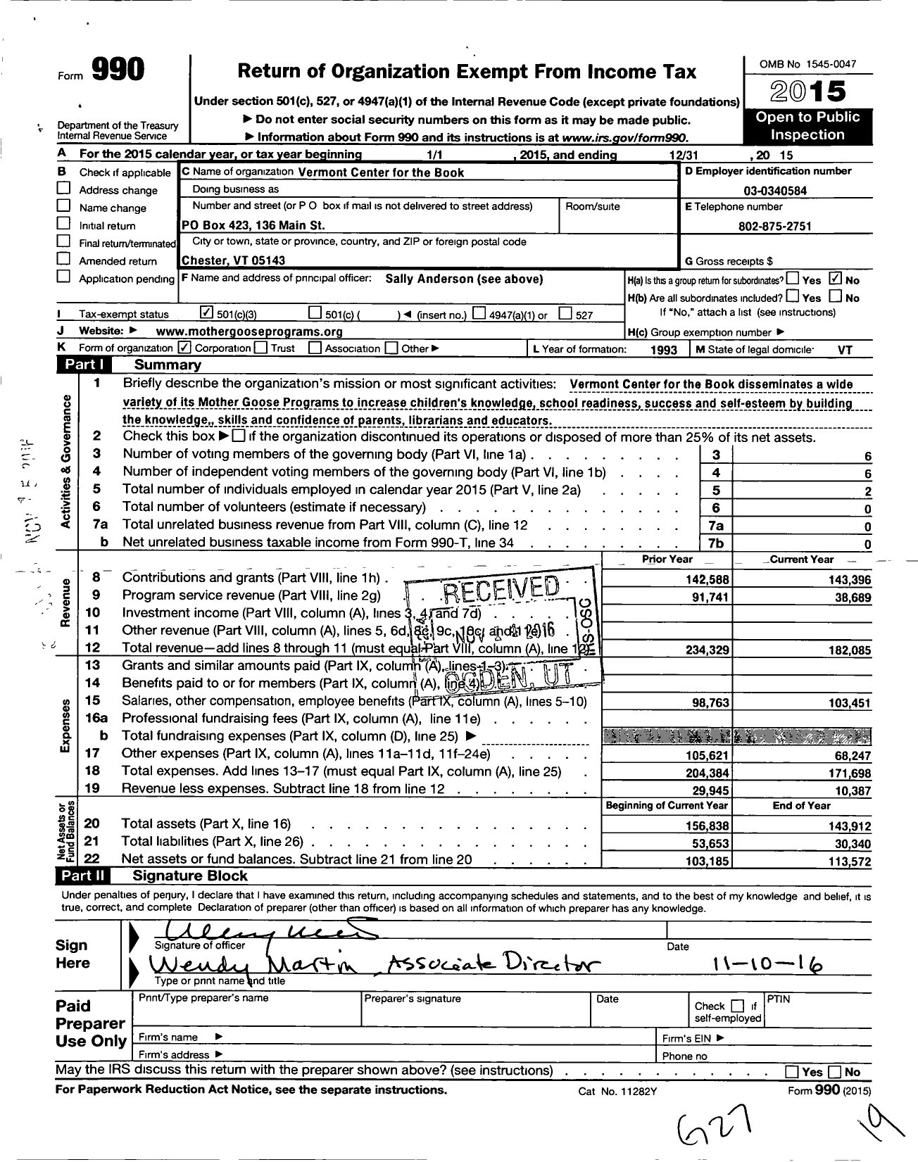 Image of first page of 2015 Form 990 for Vermont Center for the Book