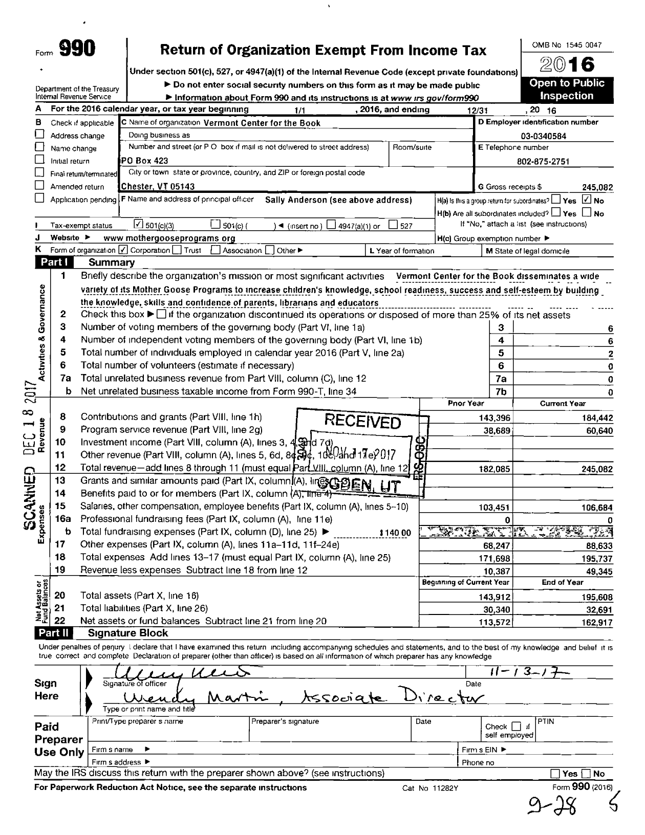 Image of first page of 2016 Form 990 for Vermont Center for the Book