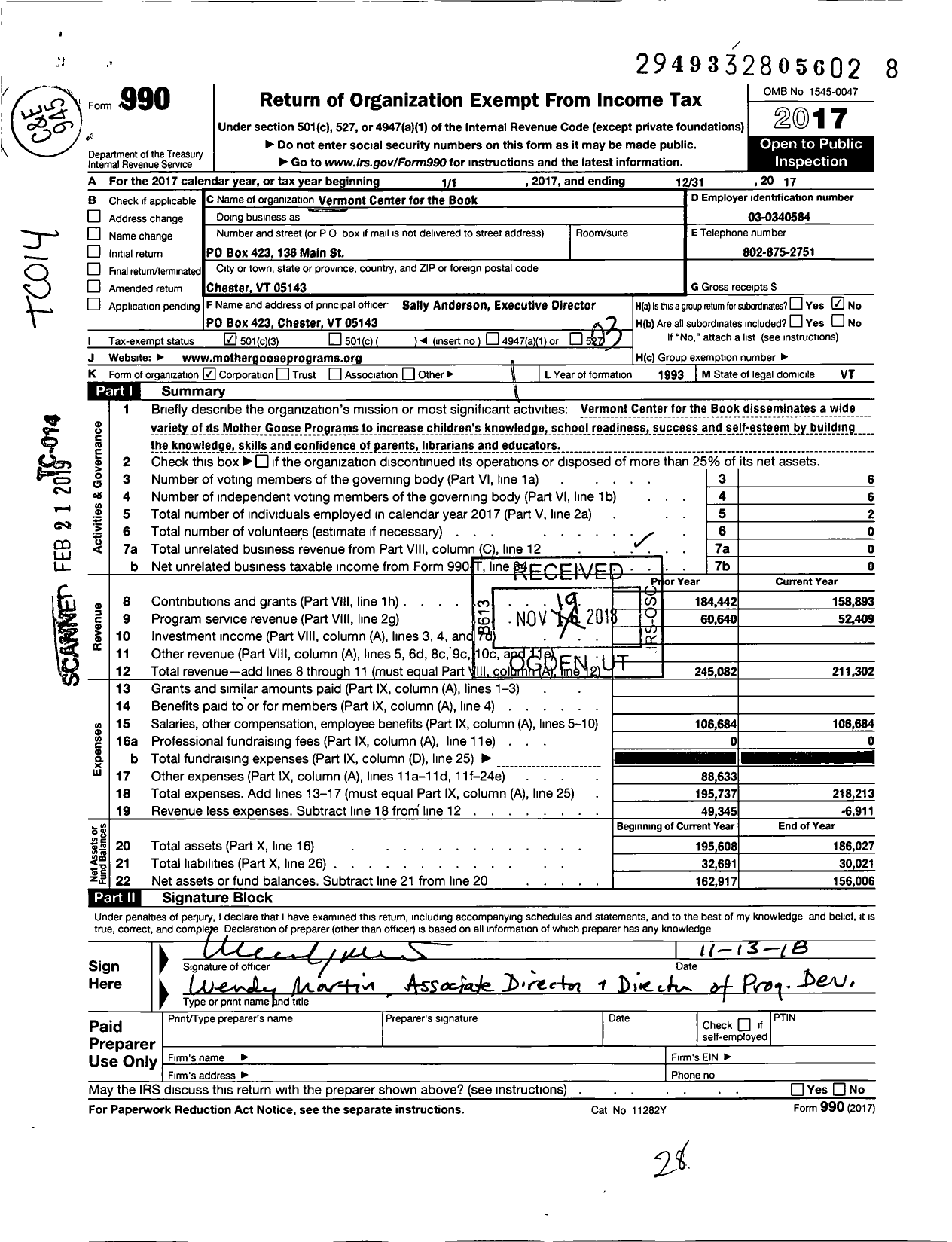 Image of first page of 2017 Form 990 for Vermont Center for the Book