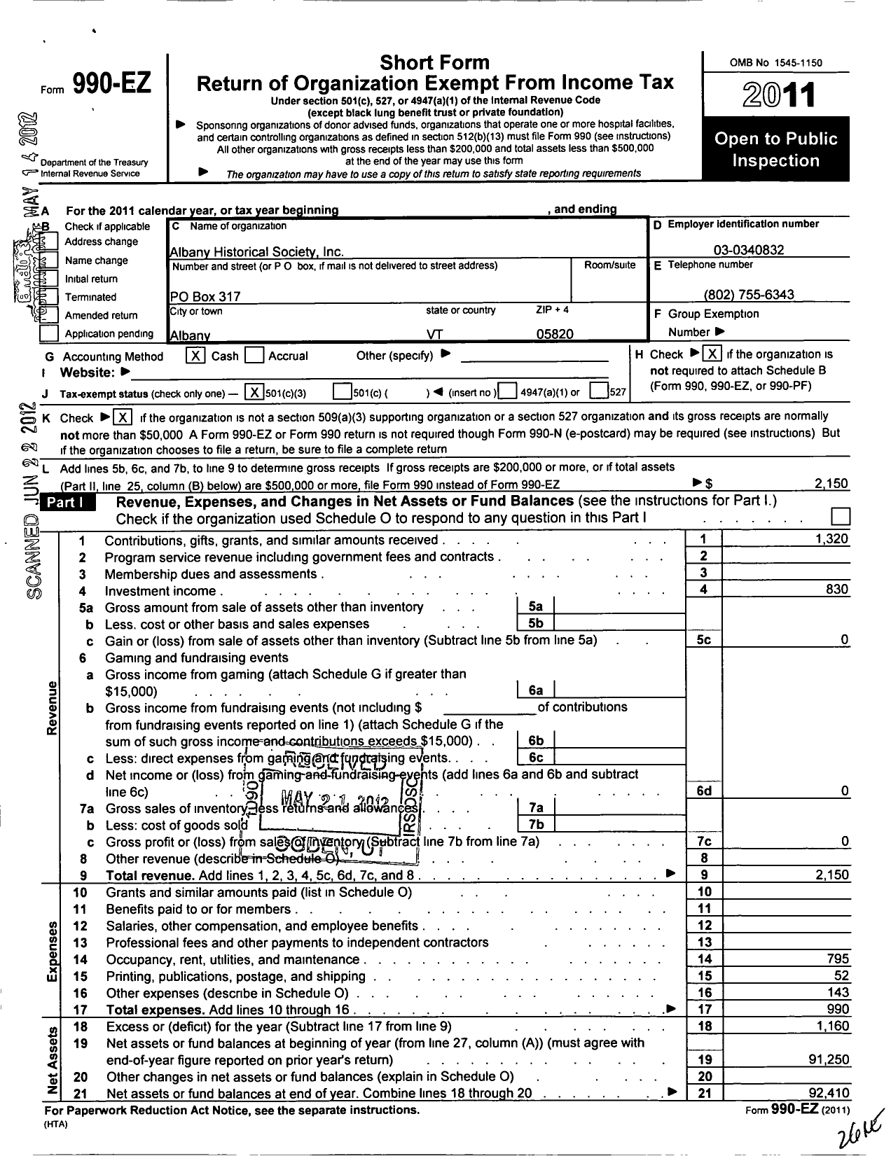 Image of first page of 2011 Form 990EZ for Albany Historical Society