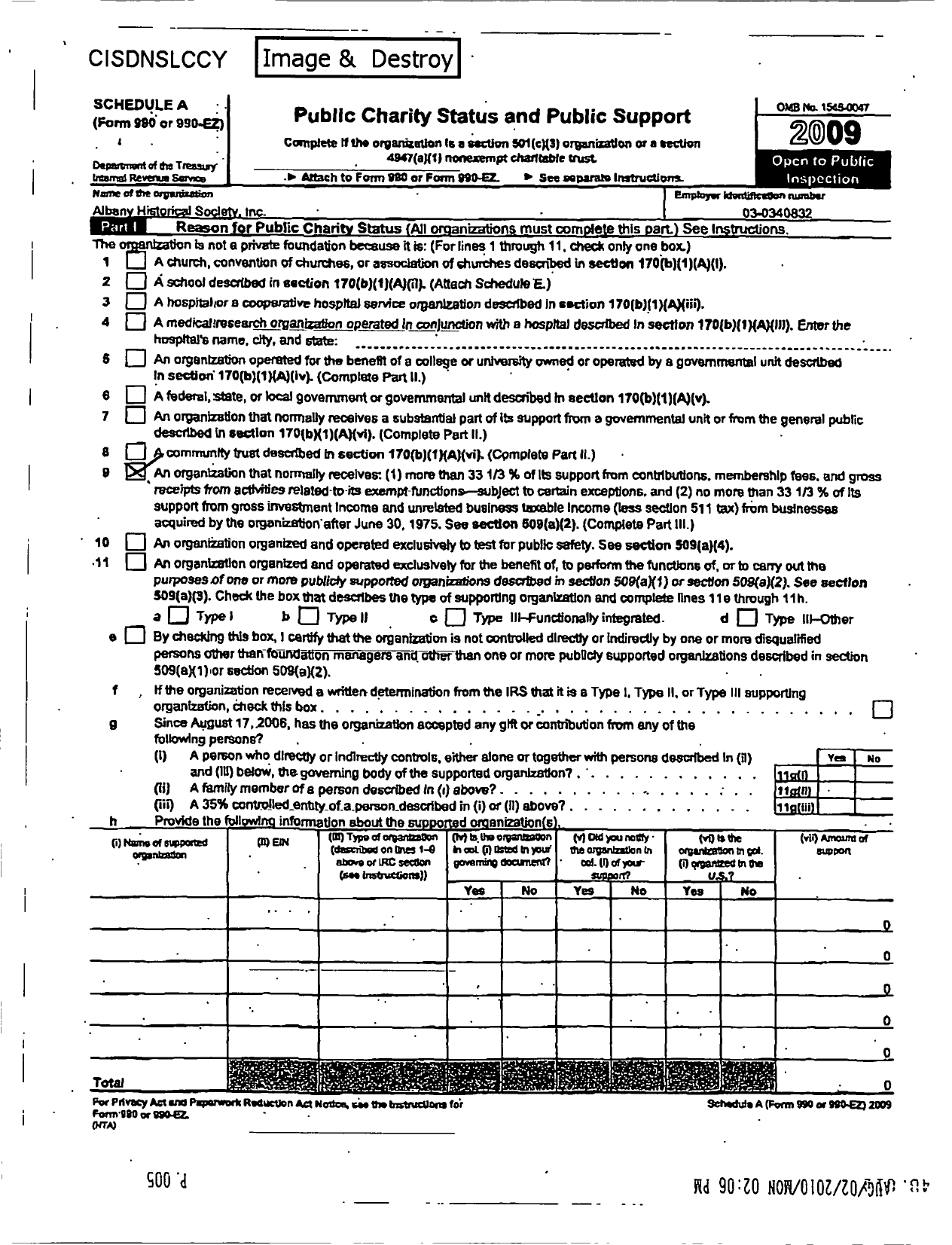 Image of first page of 2009 Form 990ER for Albany Historical Society