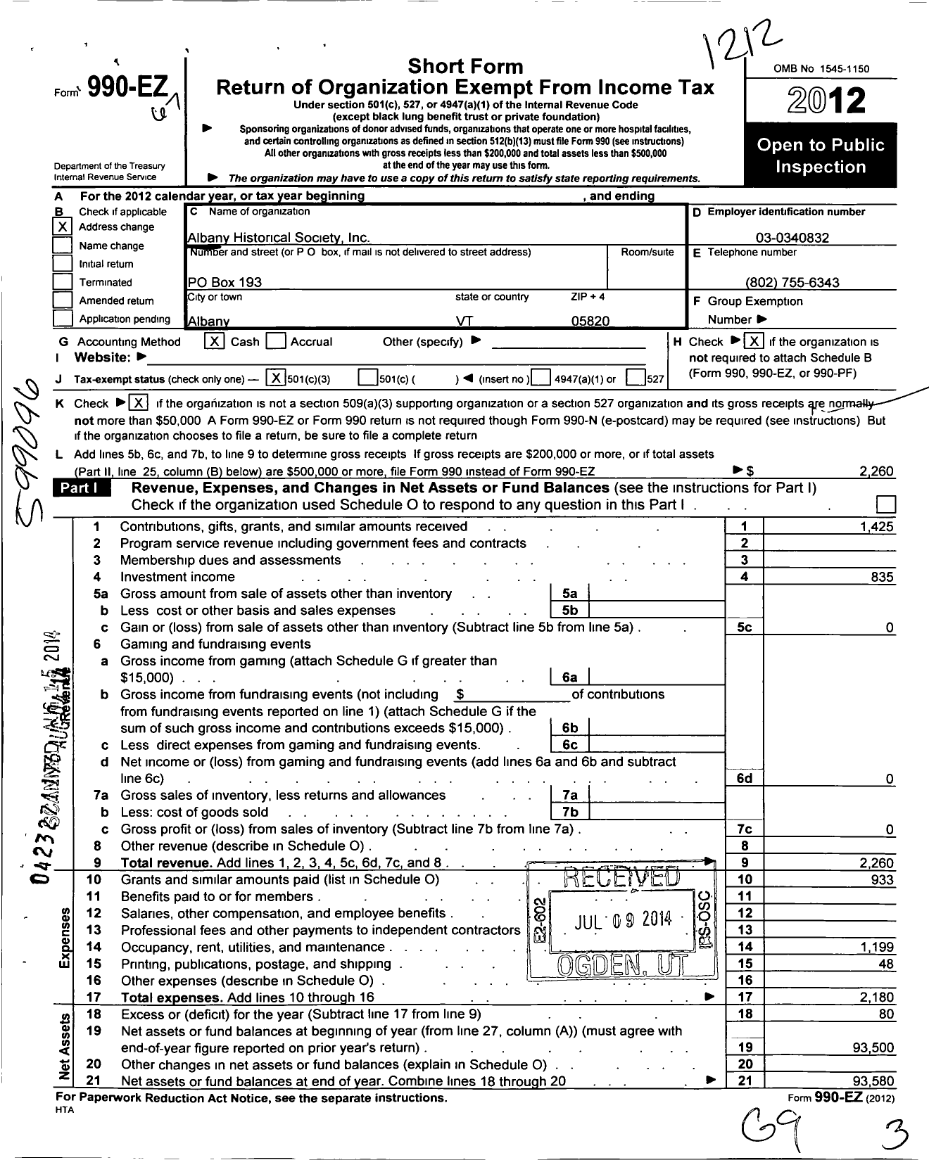 Image of first page of 2012 Form 990EZ for Albany Historical Society