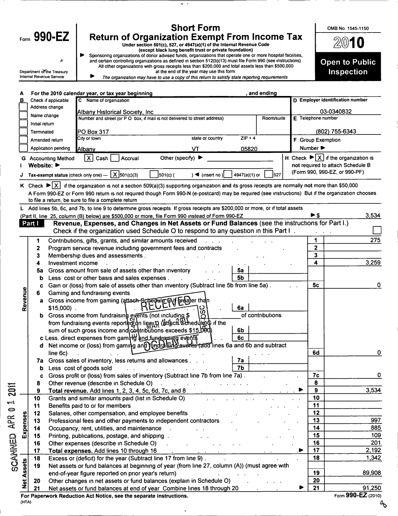 Image of first page of 2010 Form 990EZ for Albany Historical Society