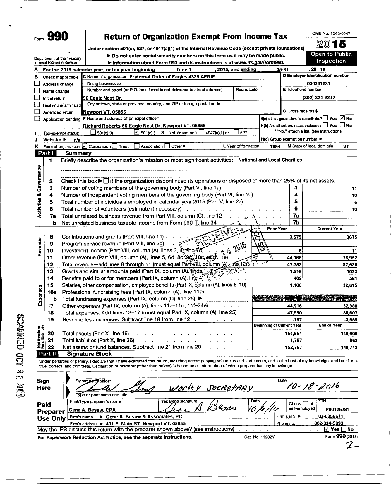 Image of first page of 2015 Form 990O for Fraternal Order of Eagles - Aerie Secretary