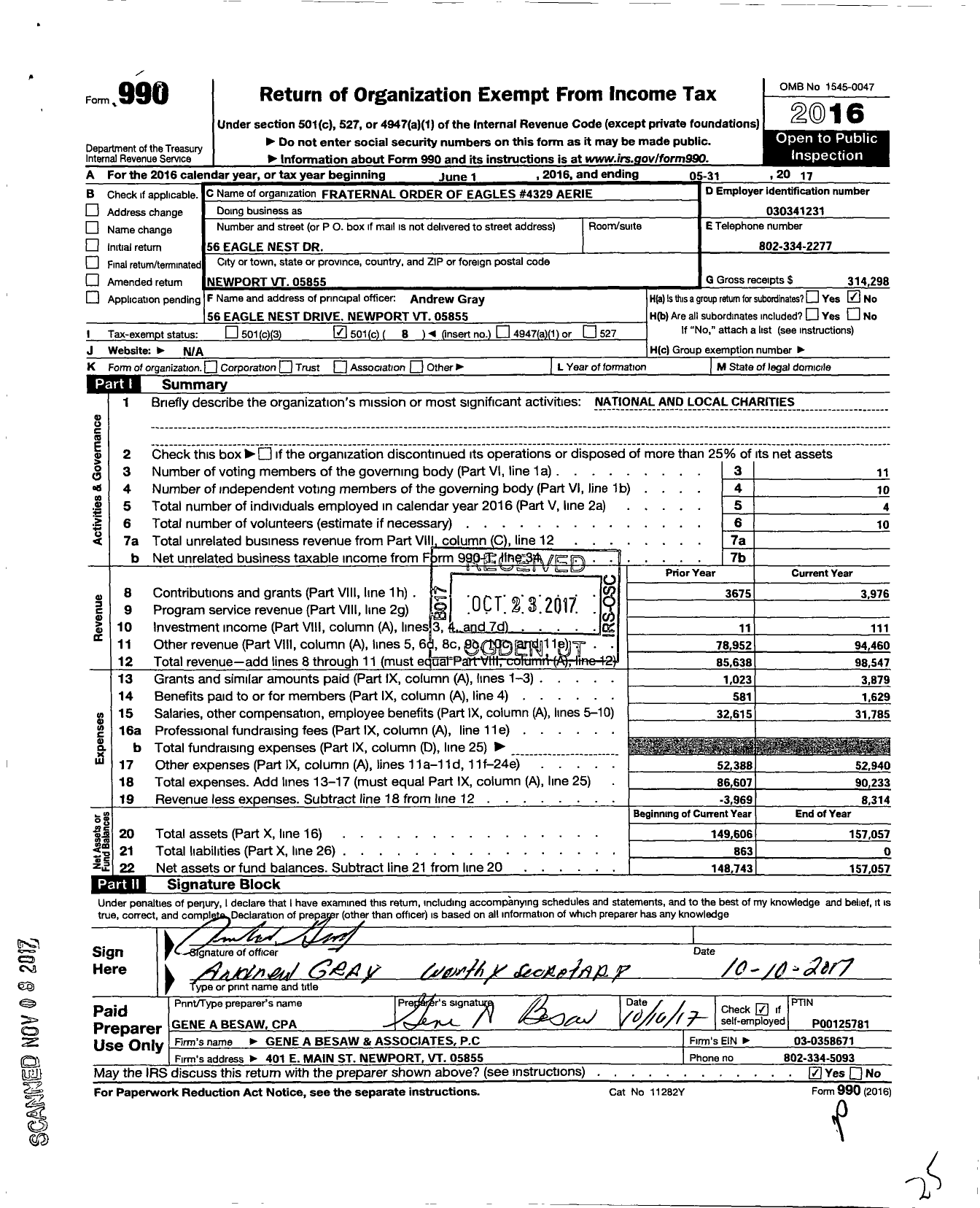 Image of first page of 2016 Form 990O for Fraternal Order of Eagles - Aerie Secretary