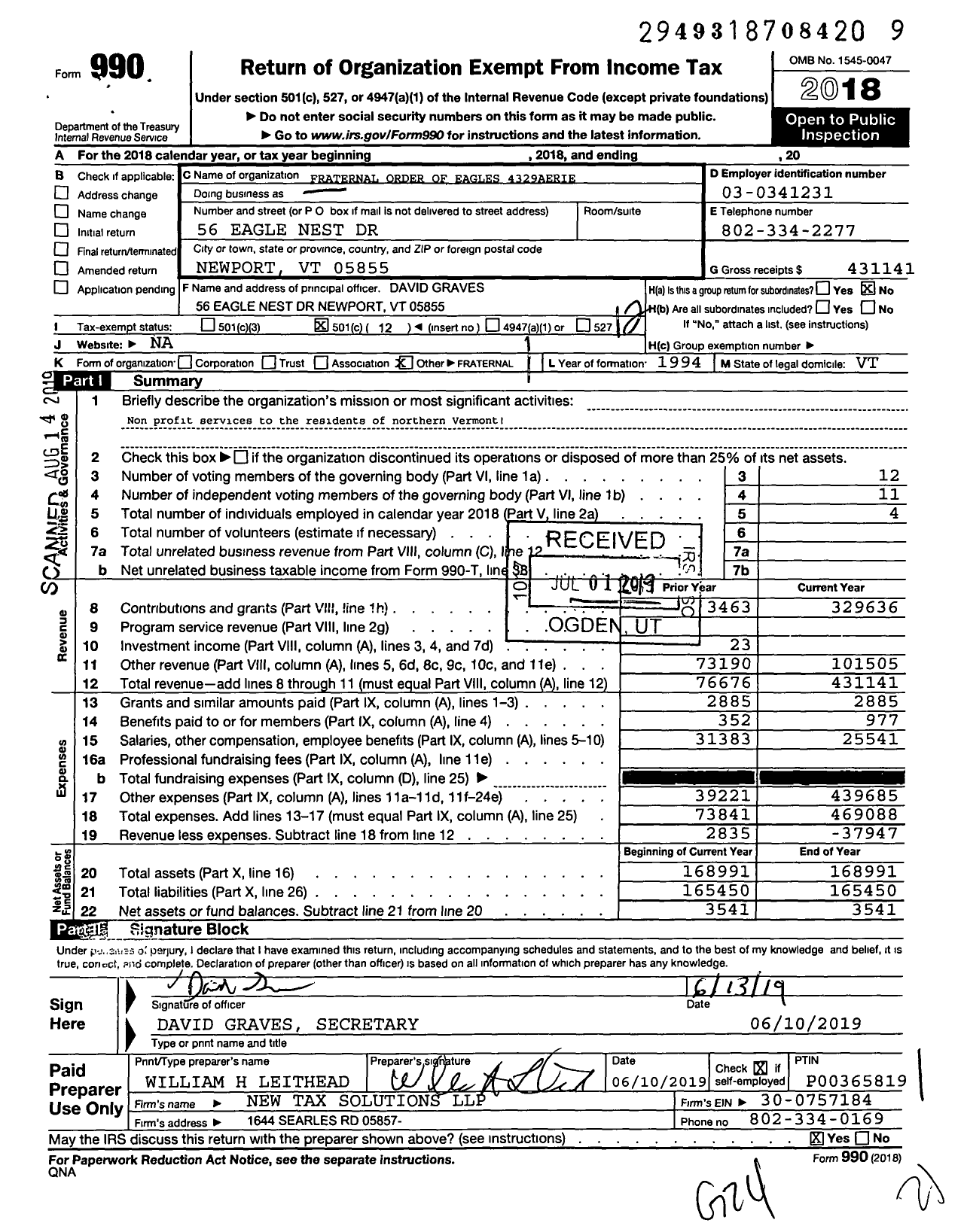 Image of first page of 2018 Form 990O for Fraternal Order of Eagles - Aerie Secretary