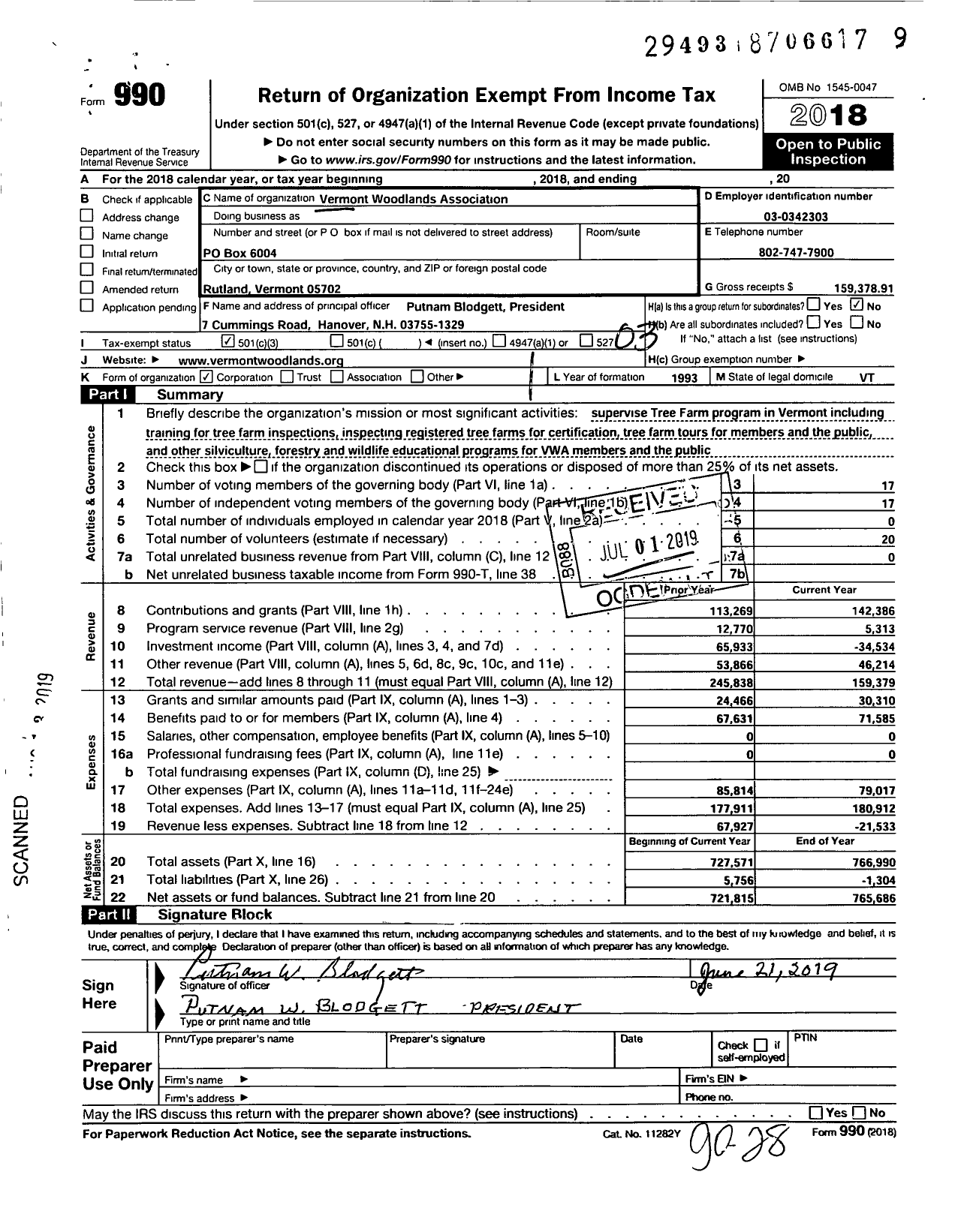 Image of first page of 2018 Form 990 for Vermont Woodlands Association