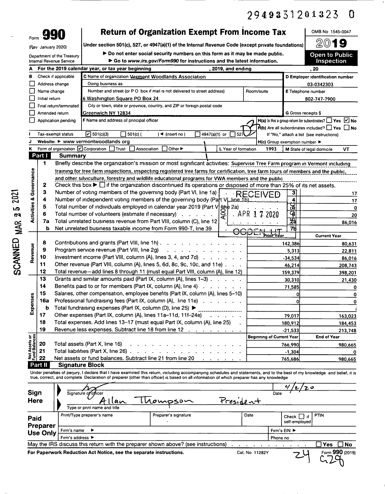 Image of first page of 2019 Form 990 for Vermont Woodlands Association