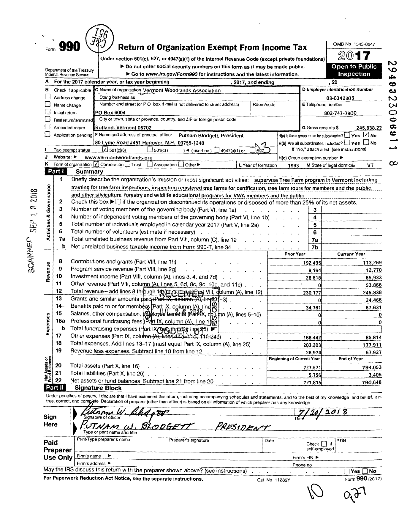 Image of first page of 2017 Form 990 for Vermont Woodlands Association