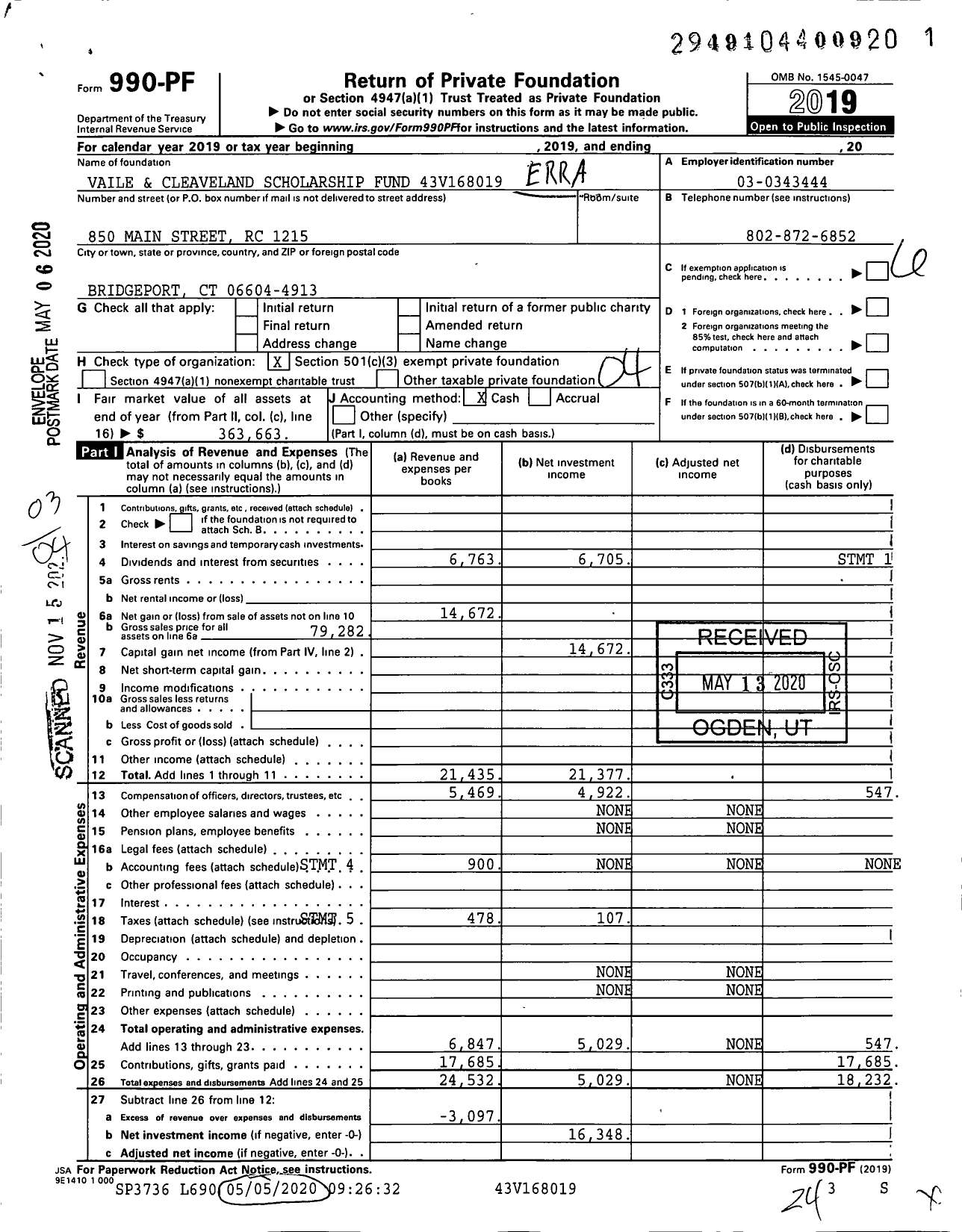 Image of first page of 2019 Form 990PF for Vaile and Cleaveland Scholarship Fund