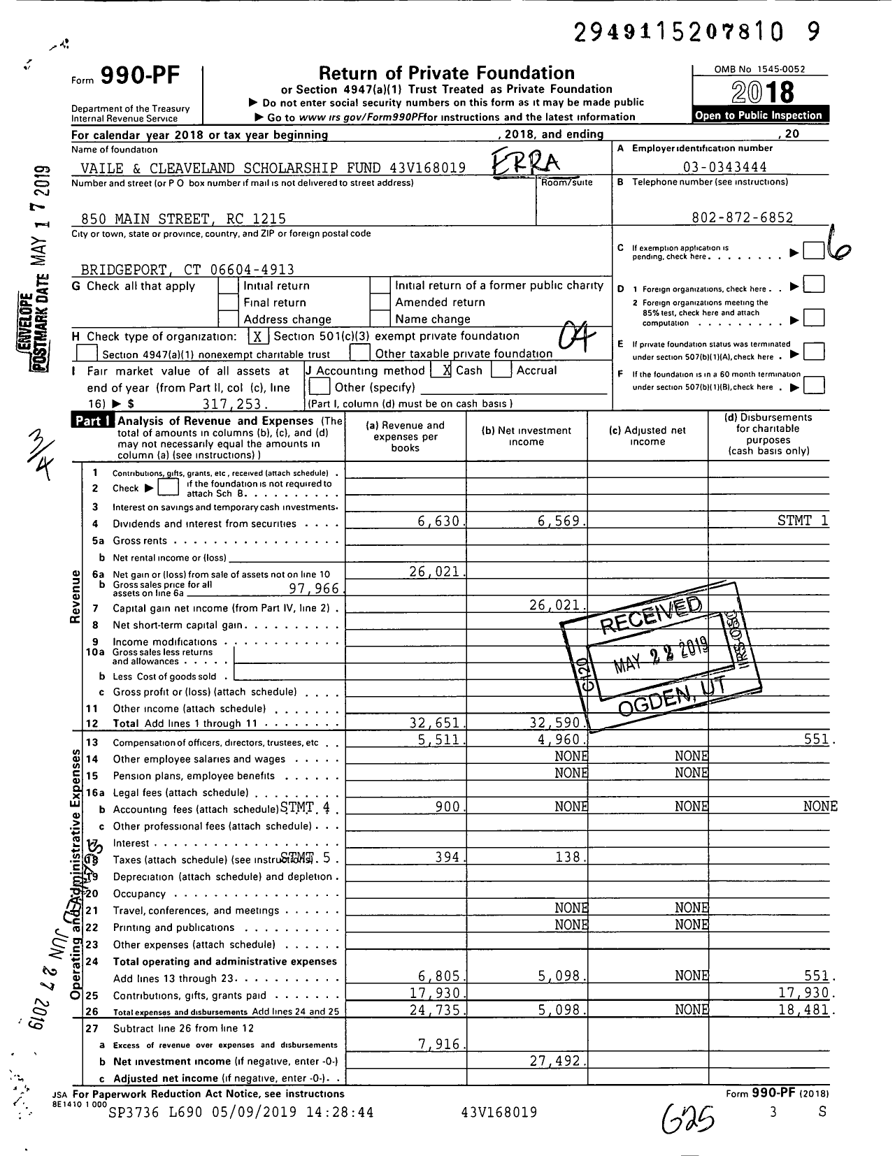 Image of first page of 2018 Form 990PF for Vaile and Cleaveland Scholarship Fund
