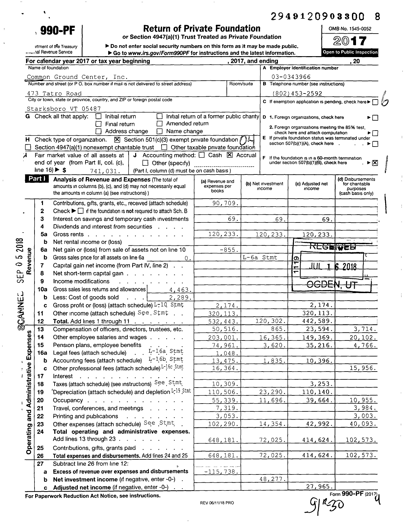 Image of first page of 2017 Form 990PF for Common Ground Center