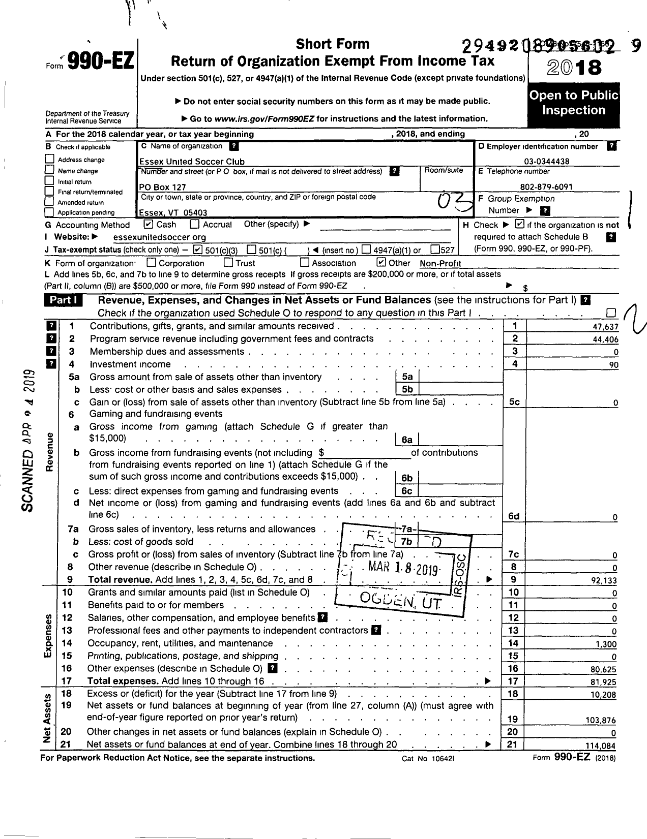 Image of first page of 2018 Form 990EZ for Essex United Soccer Club