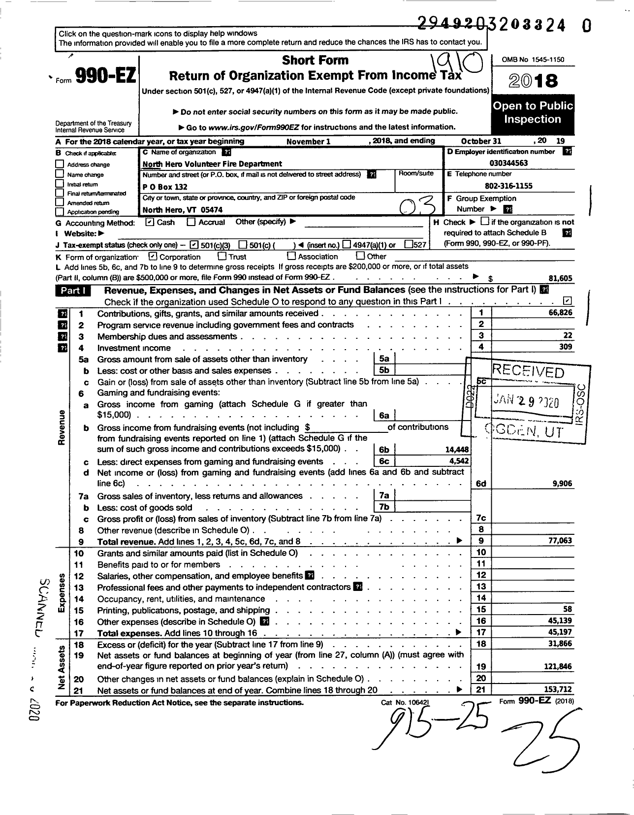 Image of first page of 2018 Form 990EZ for North Hero Volunteer Fire Dept