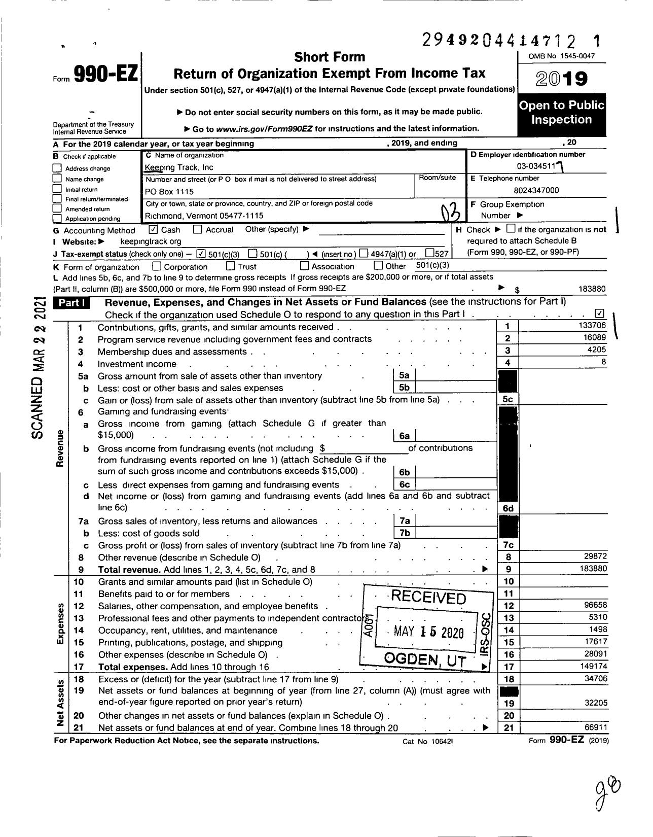 Image of first page of 2019 Form 990EZ for Keeping Track