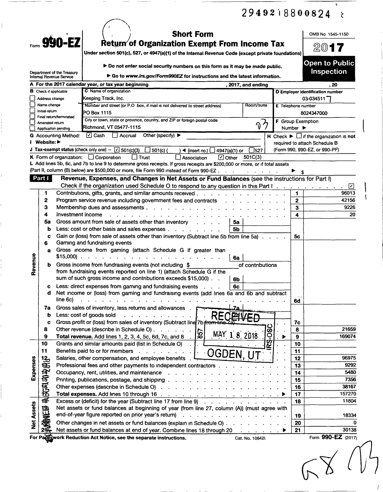 Image of first page of 2017 Form 990EZ for Keeping Track