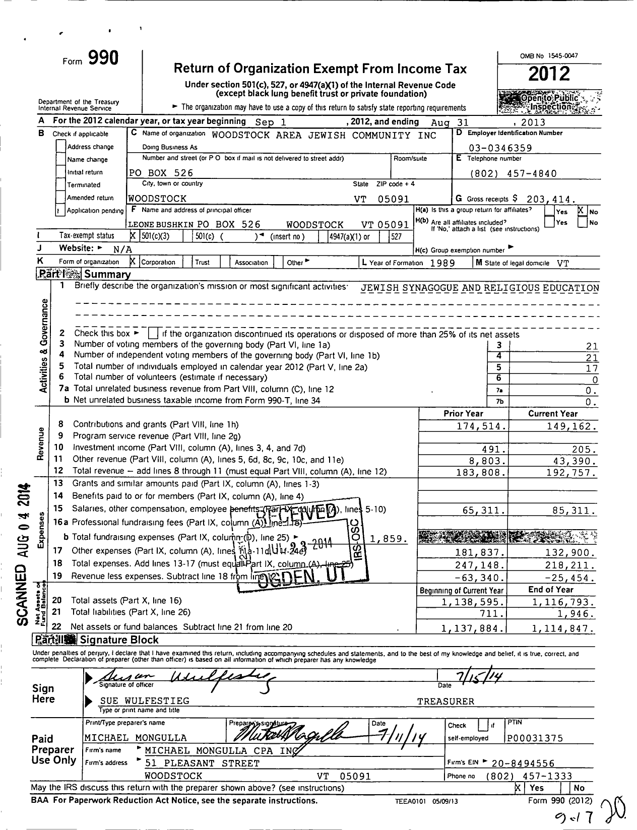 Image of first page of 2012 Form 990 for Woodstock Area Jewish Community