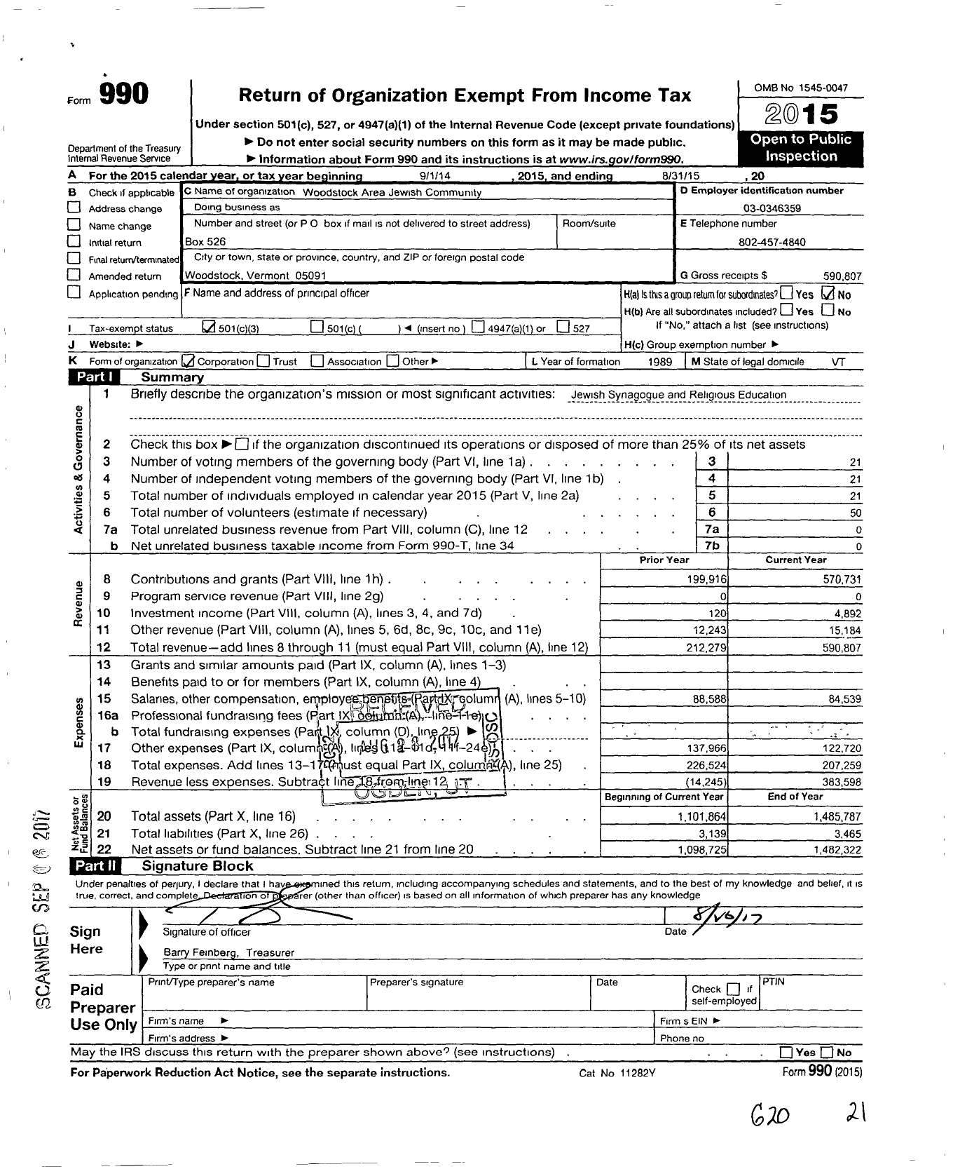 Image of first page of 2014 Form 990 for Woodstock Area Jewish Community